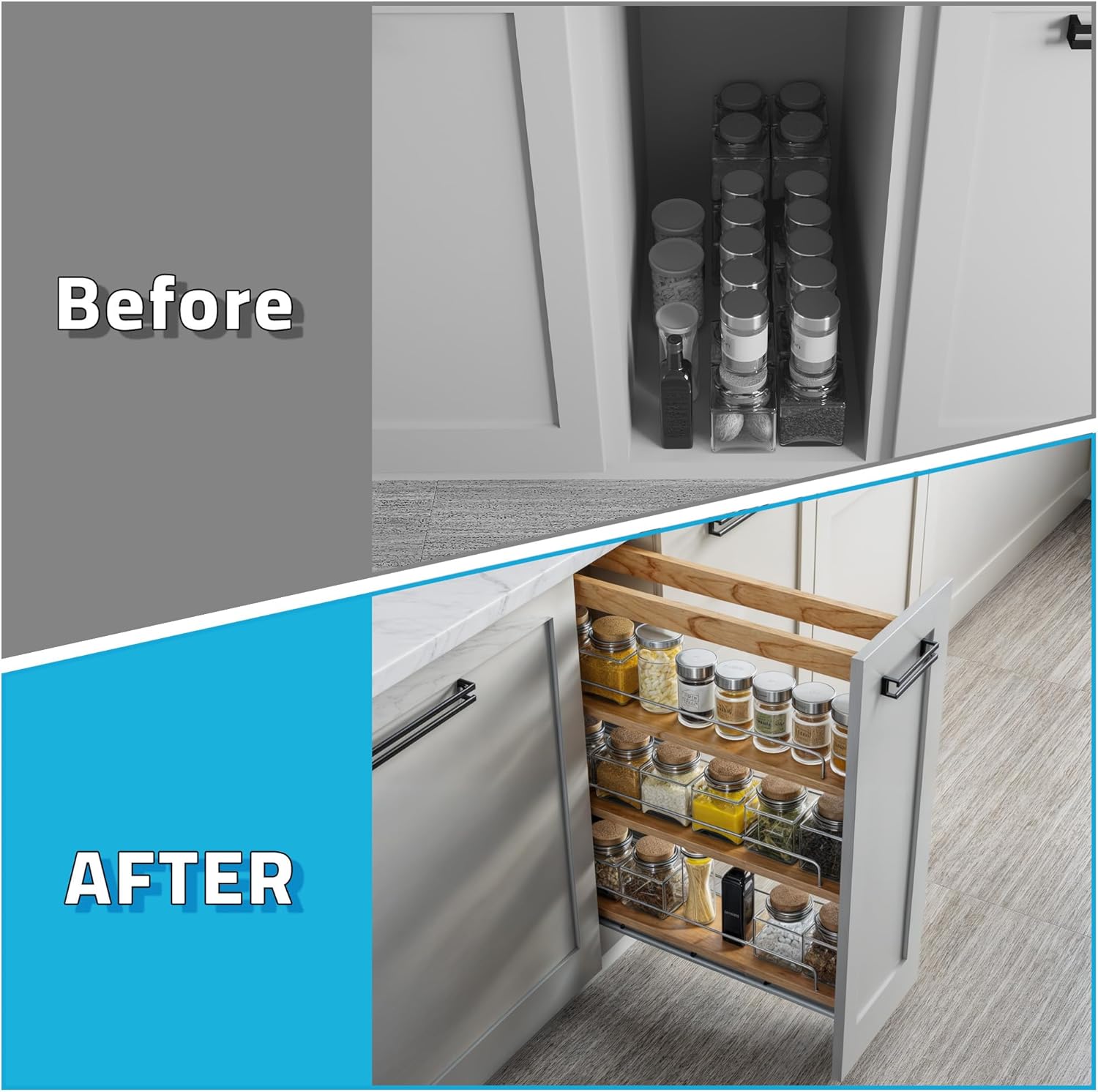 Dowell 5" Base Pull-out Spice Organizer with Adjustable Shelves for Base Kitchen Cabinet, Bottom Mounted Soft Close Slides - 4004 0524 | Soft-Close Wooden Slide Out Spice