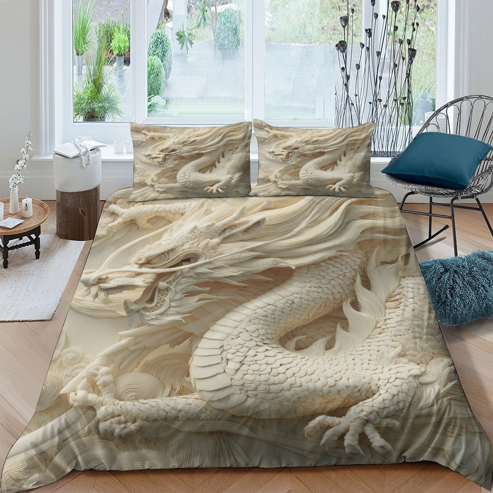 Ctjqhvkz Style-7 3D Printed Beige Dragon Fitted Sheet Microfiber Soft Breathable Chinese Style Embossed Bed Cover For Bedroom Dorm Mattress Protection Decor Single（135X200cm）