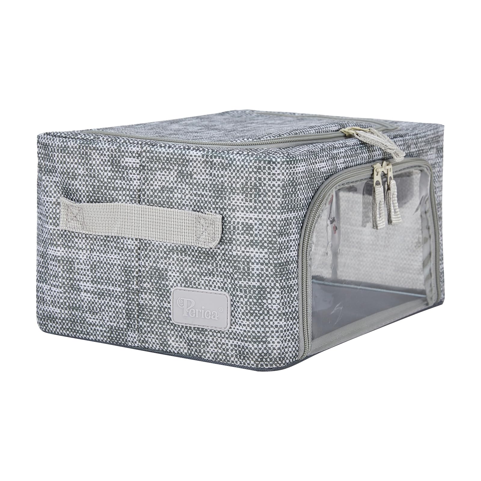 Periea Grey Tweed ‘Beau’ Folding Collapsible Stackable Fabric Home Storage Boxes With Steel Frames (, Compact)