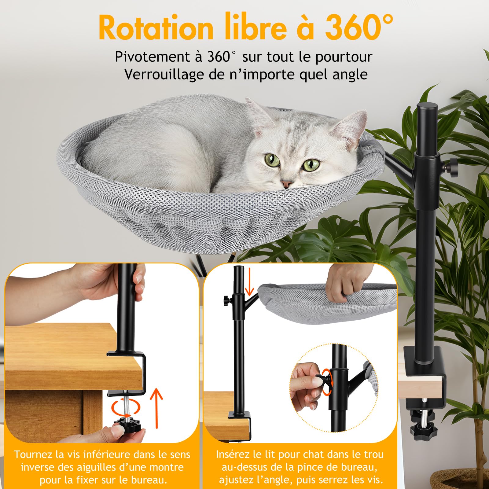 lit de Bureau pour Chat 360 ° Hauteurs supérieure et inférieure réglables Lit de Bureau d'hiver d'été Hamac pour Chats Tapis de hamac pour Votre Bureau