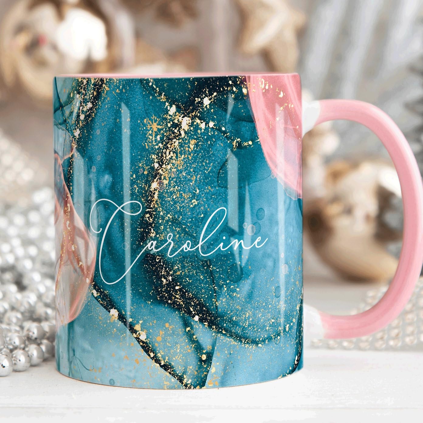 The Whistling Wren Personalised Mug with Name, Pink/Blue Marble Coffee Cup, Personalised Marble Mug & Coaster Set