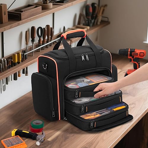 Miniatura 6 de Bolsa de herramientas con 3 estuches extraíbles, 2 capas de herramientas para herramientas manuales, negro con encuadernación roja