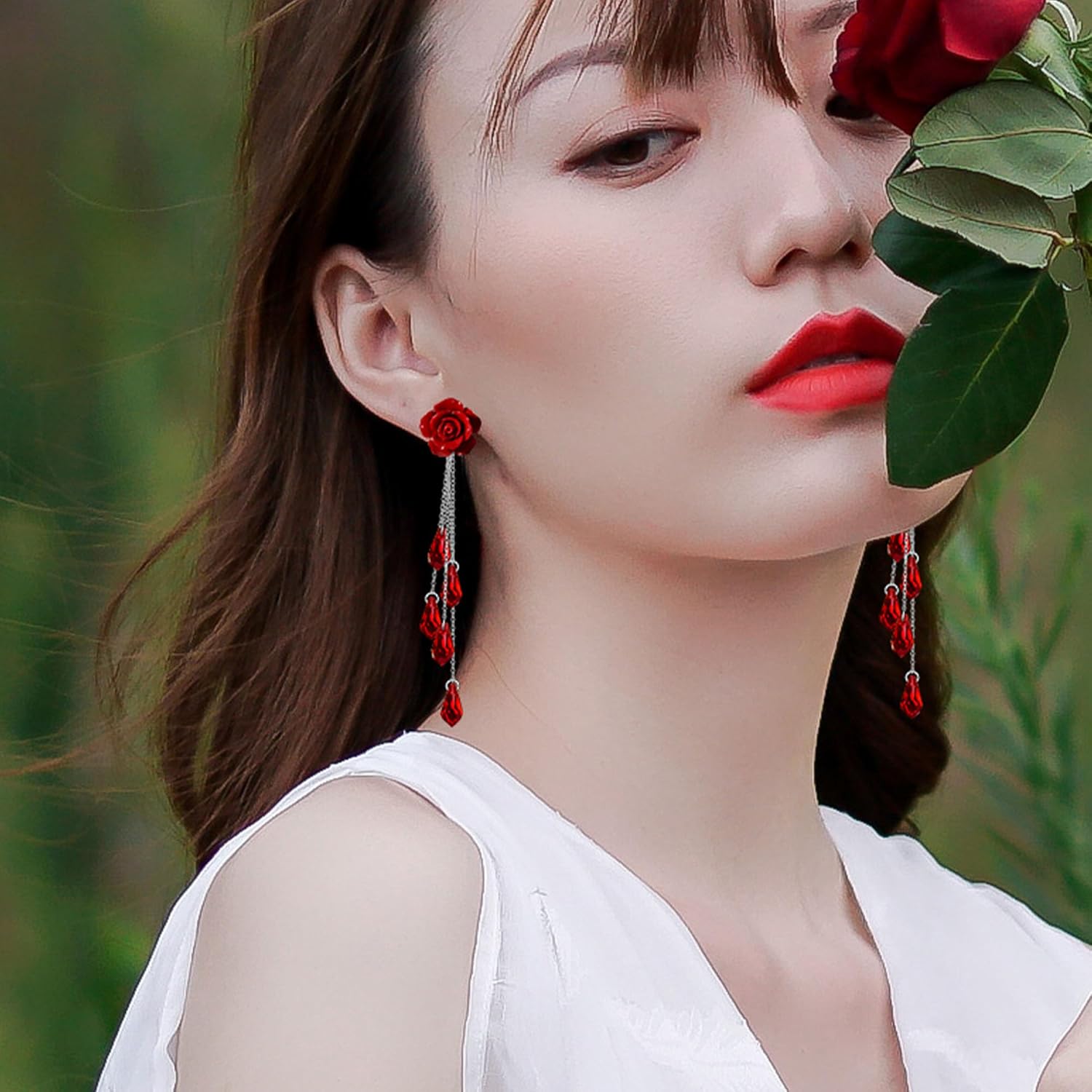 Red Rose Tassel Drop Earrings for Women, 925 Sterling Silver Long Dangle Earrings with Austrian Crystals, Boho Statement Floral Fringe Jewelry