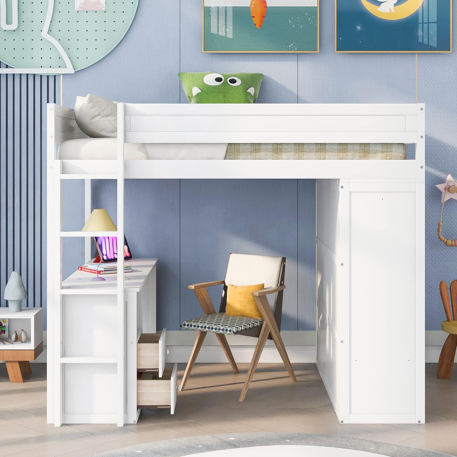 SOFTSEA Full Size Loft Bed with Desk and Wardrobe, Solid Wood Loft Bed with Desk and Storage Drawers, High Loft Bed Frame with Sliding Door Wardrobe for Kids Teens Adults, White
