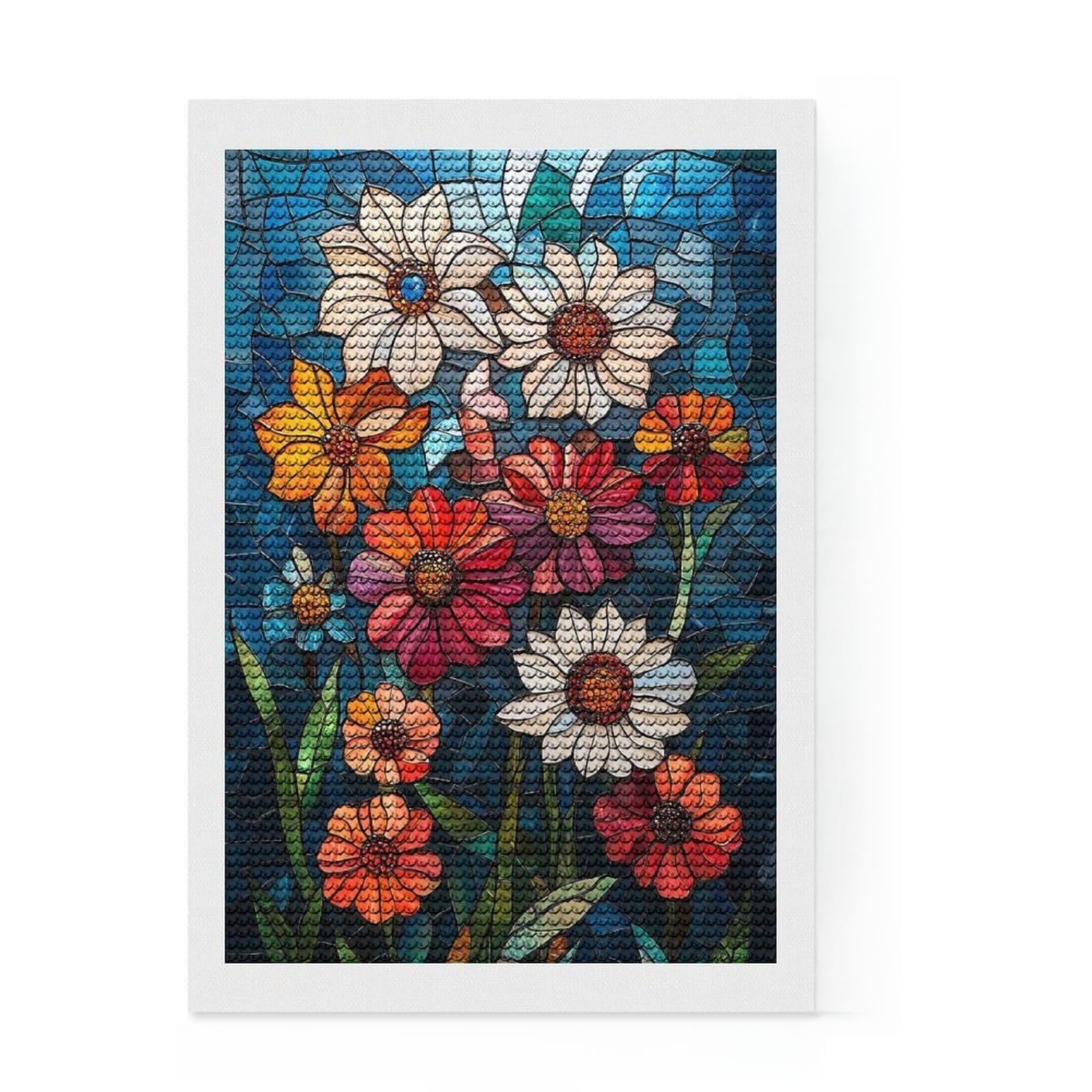 Junmoney Stained Glass Floral Mosaic Diamond Painting Set 8"x12", Mindful Craft Activity, Sparkling Round Gems, Living Room Decor, Birthday Gift