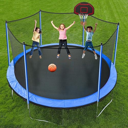 Miniatura 7 de Yoluckea 1500 libras 10 12 14 15 16 pies para adultos y niños con rociador, luces, aro de baloncesto, bolas de agua, 16 calcetines, trampolín