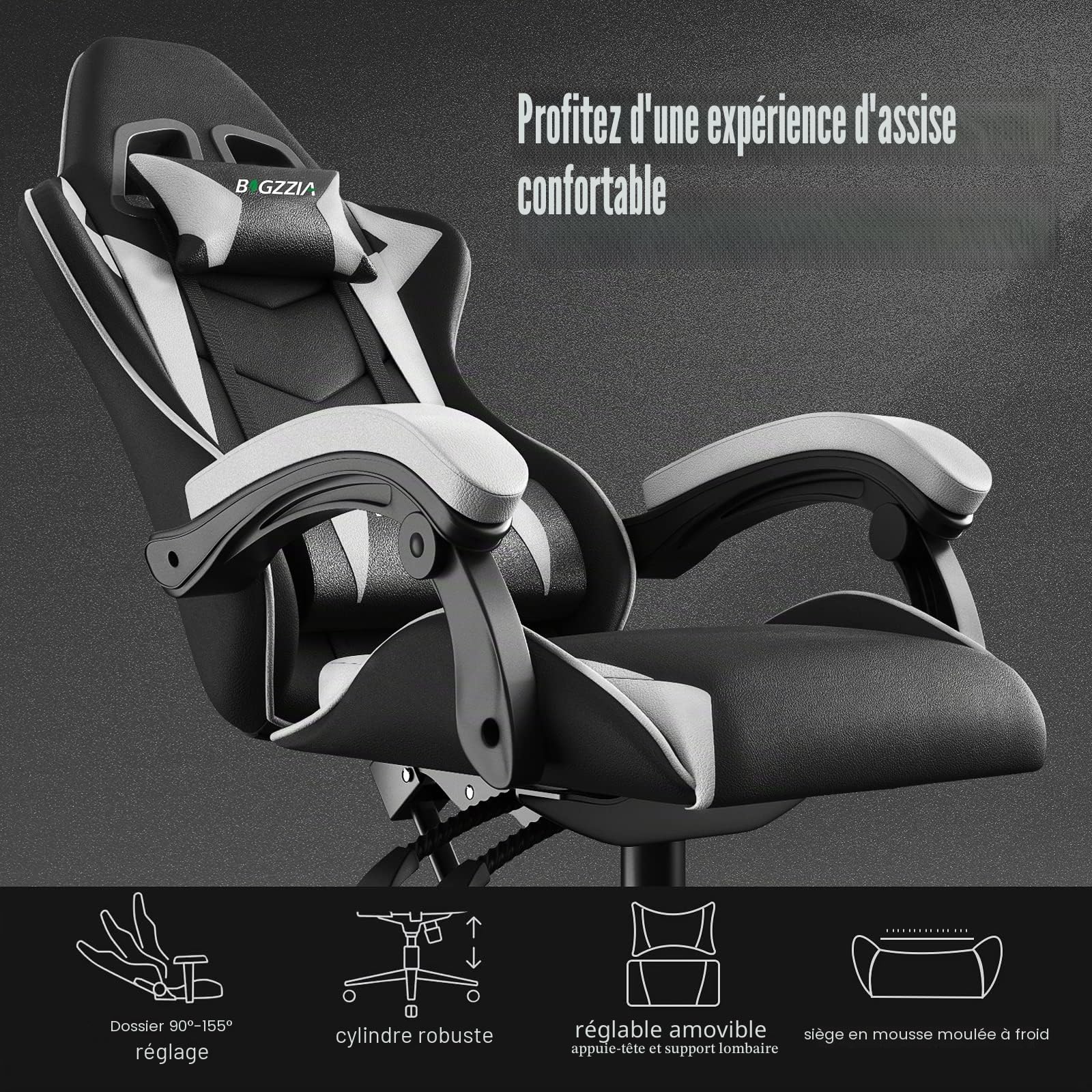 bigzzia Chaise Gaming,Ergonomique PU Cuir Chaise Bureau,Hauteur Réglable,avec Lombaire&Appui-Tête Appui,Dossier Inclinable à 155°,Fauteuil Gaming Adultes Enfants (Blanc)