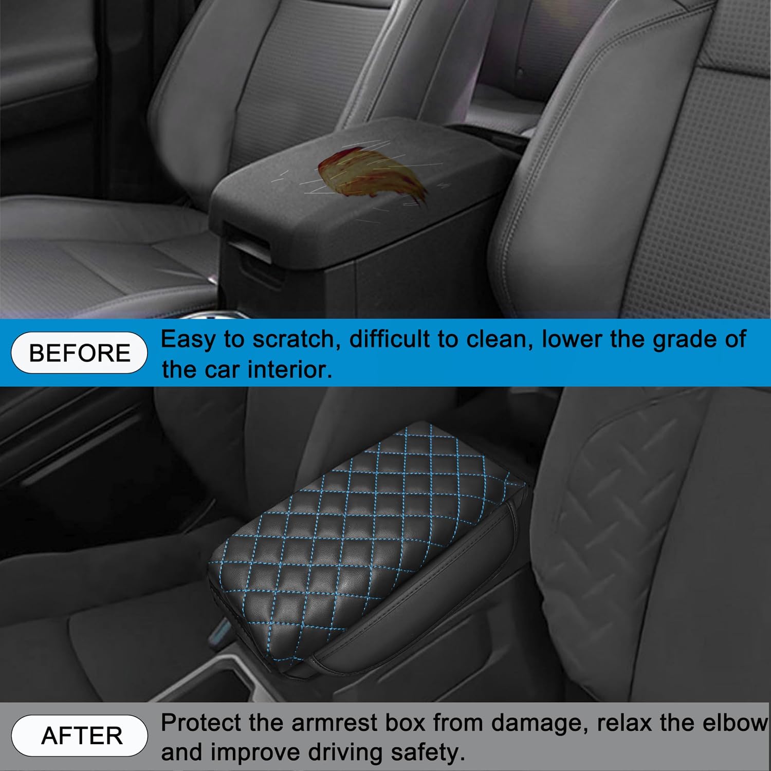 1.2in Thickness Center Console Cover for Tacoma Accessories 2024 2025 2026 Armrest Cover Leather Armrest Box Lid Protector Cushion Pad with Pockets Interior (Blue Stitch)