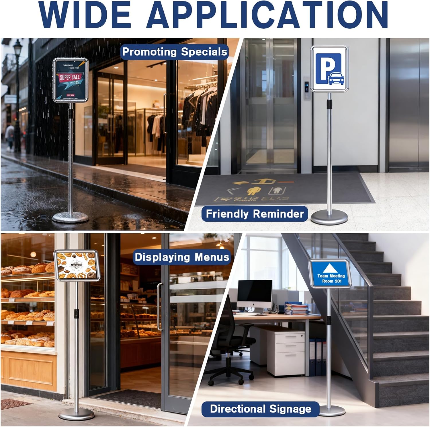 Sign Holder - 8.5x11 inch Sign Stand Holder Adjustable Display Stand Floor Standing Sign Holder, Signage Stand with Snap-Open Frame Display for Malls,Schools,Restaurants(Sliver) - Image 8