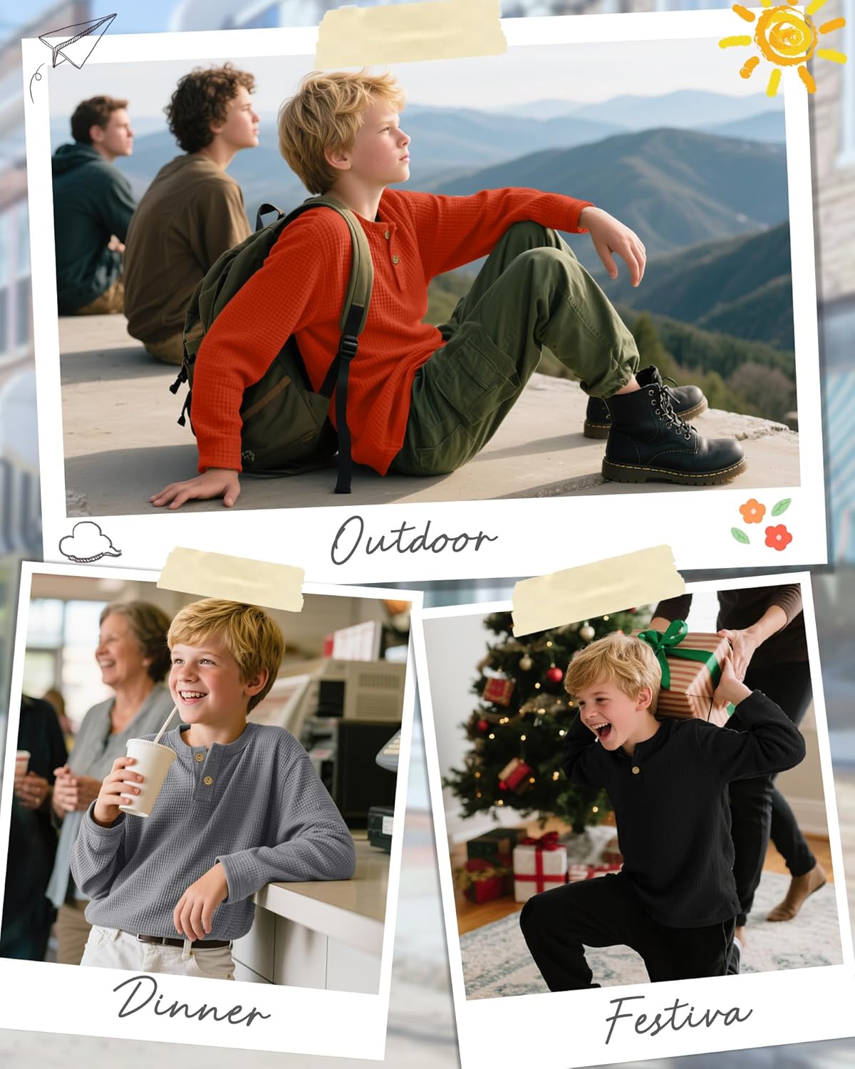 3 Pack Boy's Henley Long Sleeve Shirts Waffle Thermal Tops 5-14 Years Cotton Blend Knit Sweatshirt for School - Image 2