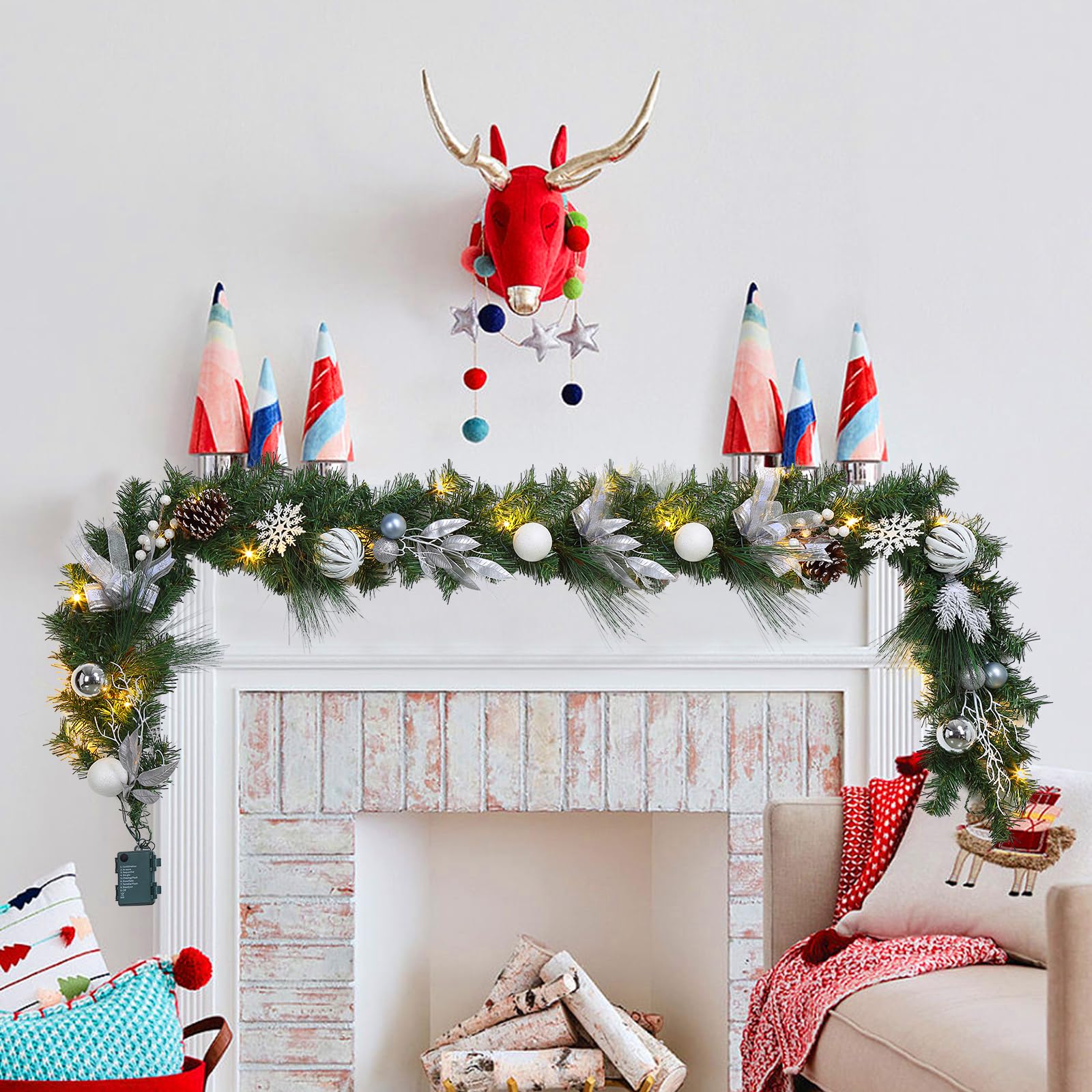 LaxMax 6ft Christmas Garland with Lights, Silver White Christmas Garland with Bow Ball Ornaments Snowflakes Pine Cone Battery Operated Christmas Decoration for Mantle Fireplace Staircase