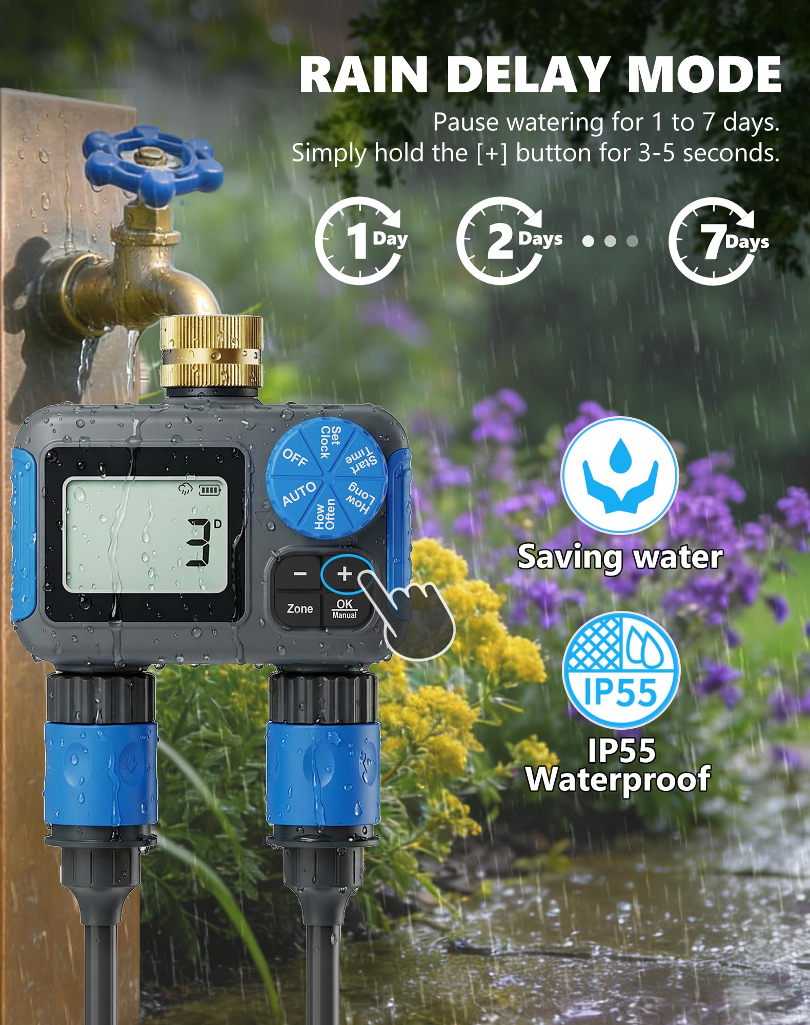 Timer irrigatore con rotazione in ottone, timer per tubo a 2 zone per irrigazione, timer digitale per irrigazione con ritardo pioggia e modalità manuale, sistema di irrigazione automatico per