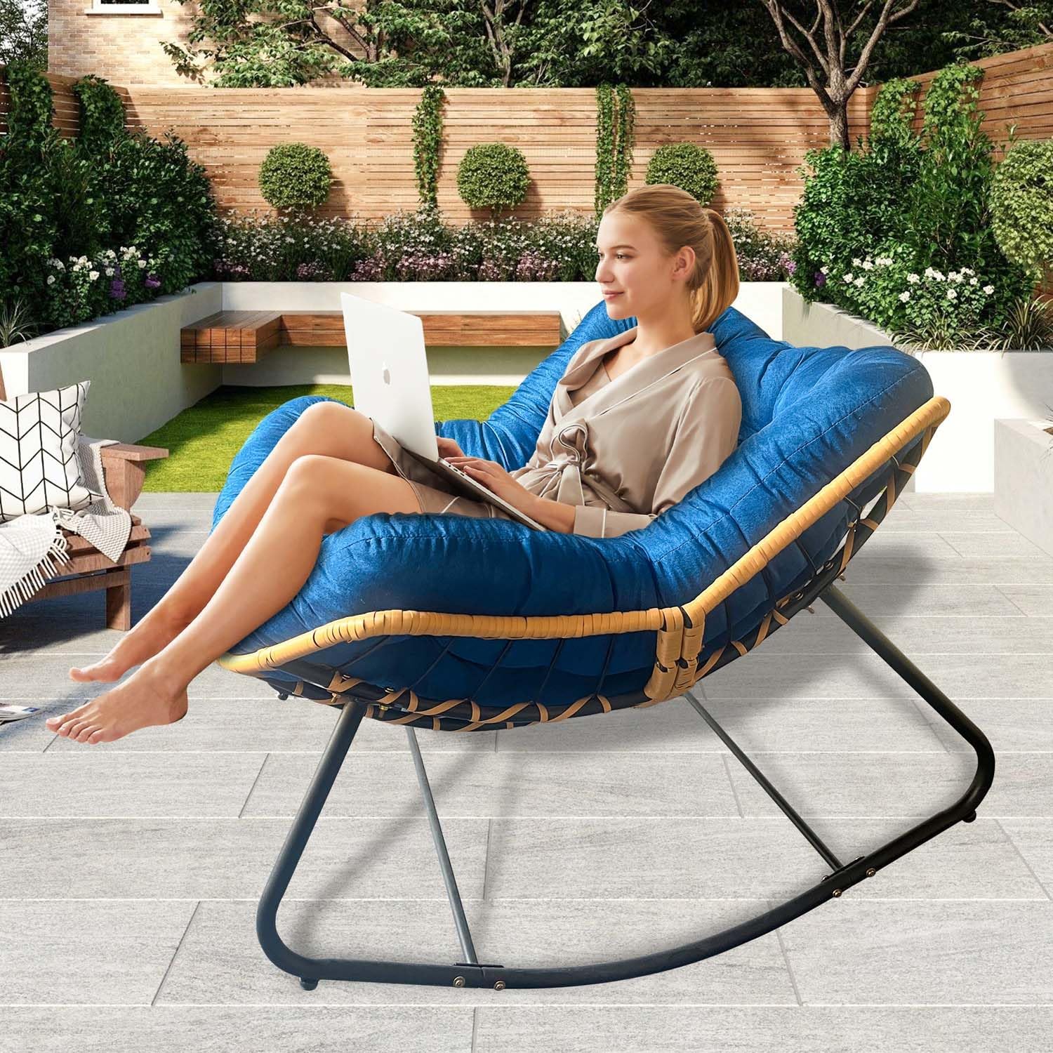Oversized Papasan Rocking Chair Outdoor/Indoor, Boho Egg Wicker Recliner with Thick Cushion, Versatile Comfy Garden Seating Chairs for Living Room, Bedroom, Balcony, Patio (Dark Blue)