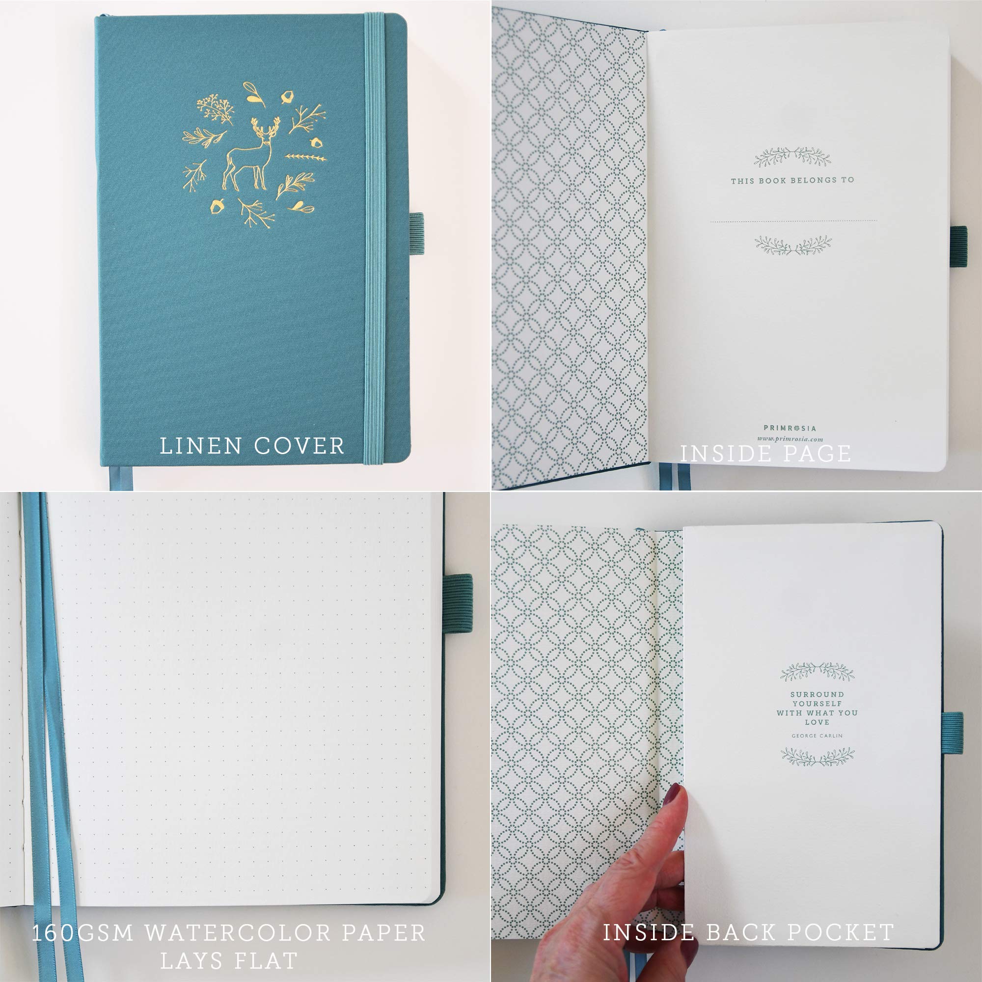 Primrosia Carnet de notes A5 à grille à pois aquarelle – 160 pages I papier lourd de qualité supérieure 160 g/m², sans bavure – Couverture rigide en lin de luxe avec jolie couverture antidérapante