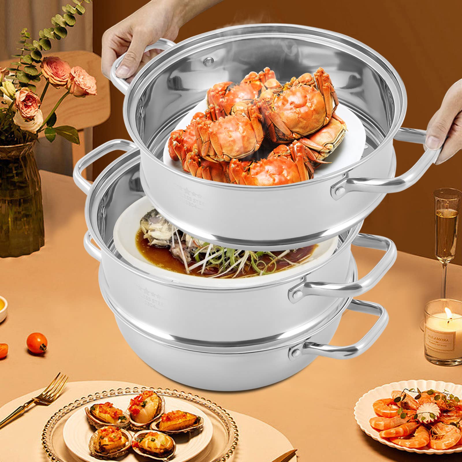 Olla de vapor de inducción Mantowarka de acero inoxidable de 5 capas, de acero inoxidable 304, con tapa de cristal, para cocina al vapor, integrada (plata, 28 cm)