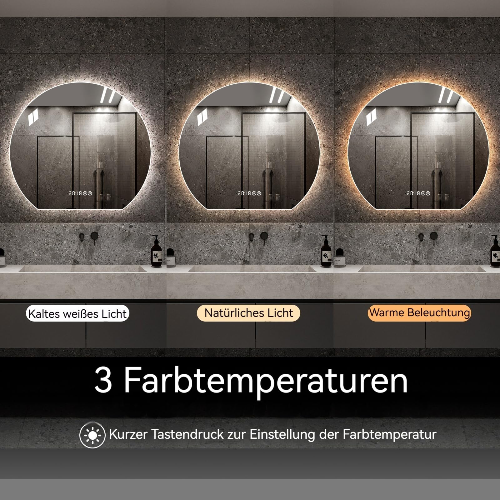 Gecheer LED-Badezimmerspiegel, 80 cm Durchmesser, integrierte Beleuchtung, dimmbar, 3 Farben (3000/4000/6000K), beschlagfrei, rund, für Make-up, Rasur, für Moderne Badezimmer, Schlafzimmer
