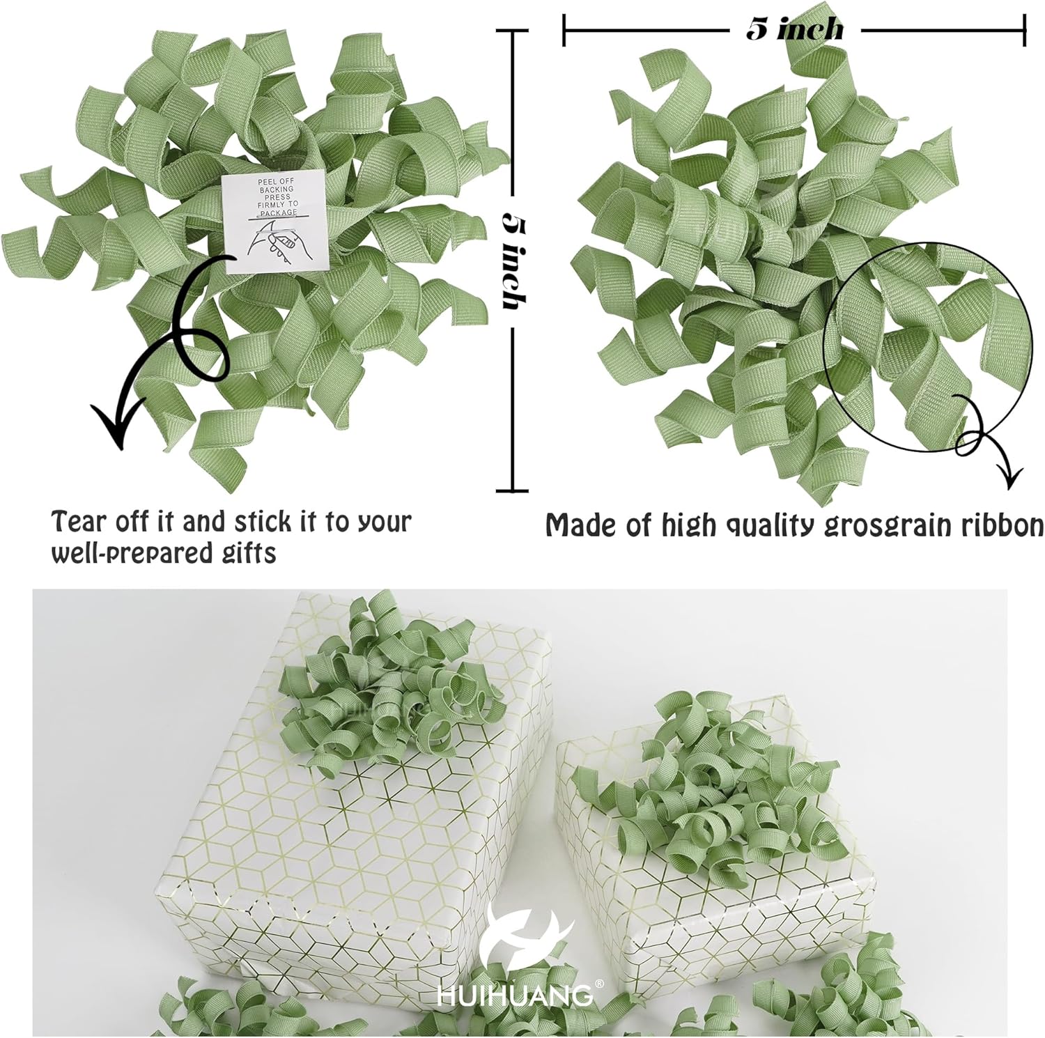 HUIHUANG Sage Green Bows for Gift Wrapping, Sage Curly Ribbon Bows Self Adhesive Burst Gift Bow for Presents, Wine Bottle, Treat Bags, Wrap Accessories, Bridal Shower Wedding Party Favor - 6 Counts - Image 2