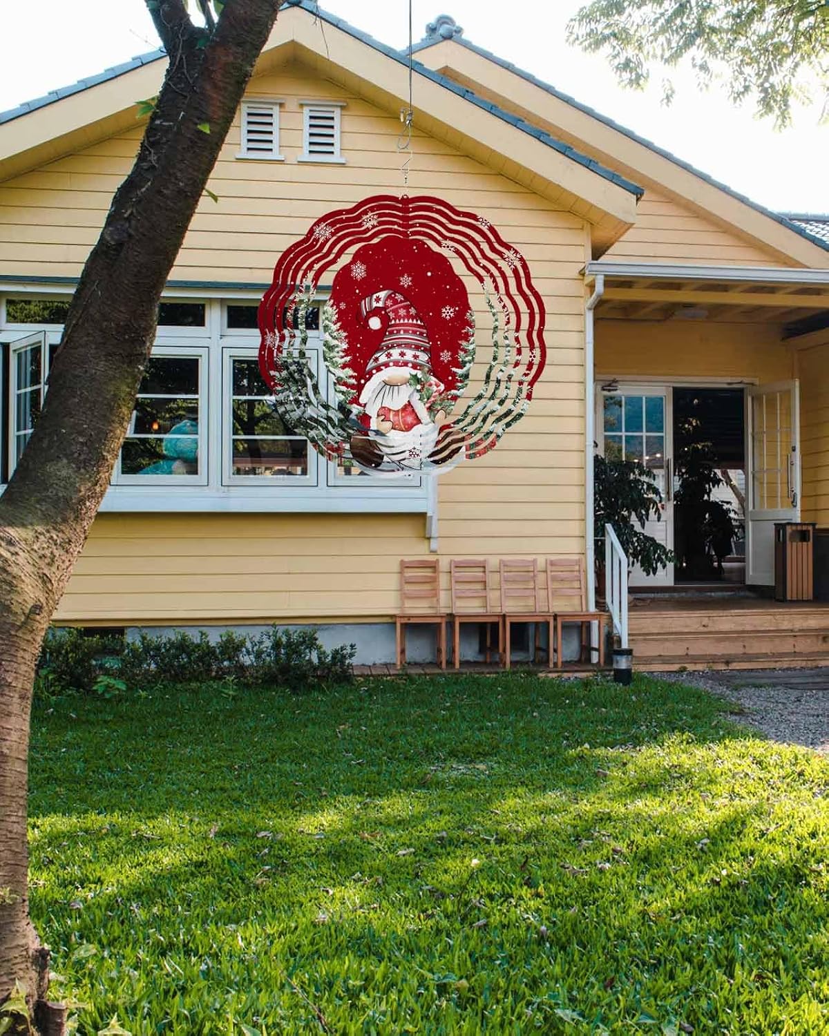 Christmas Gnomes Wind Spinner 3D Stainless Steel, 12 Inch Double Sided Circle Hanging Wind Spinners, Xmas Tree Snowflake Red Garden Art Wind Sculpture for Yard Porch Front Door