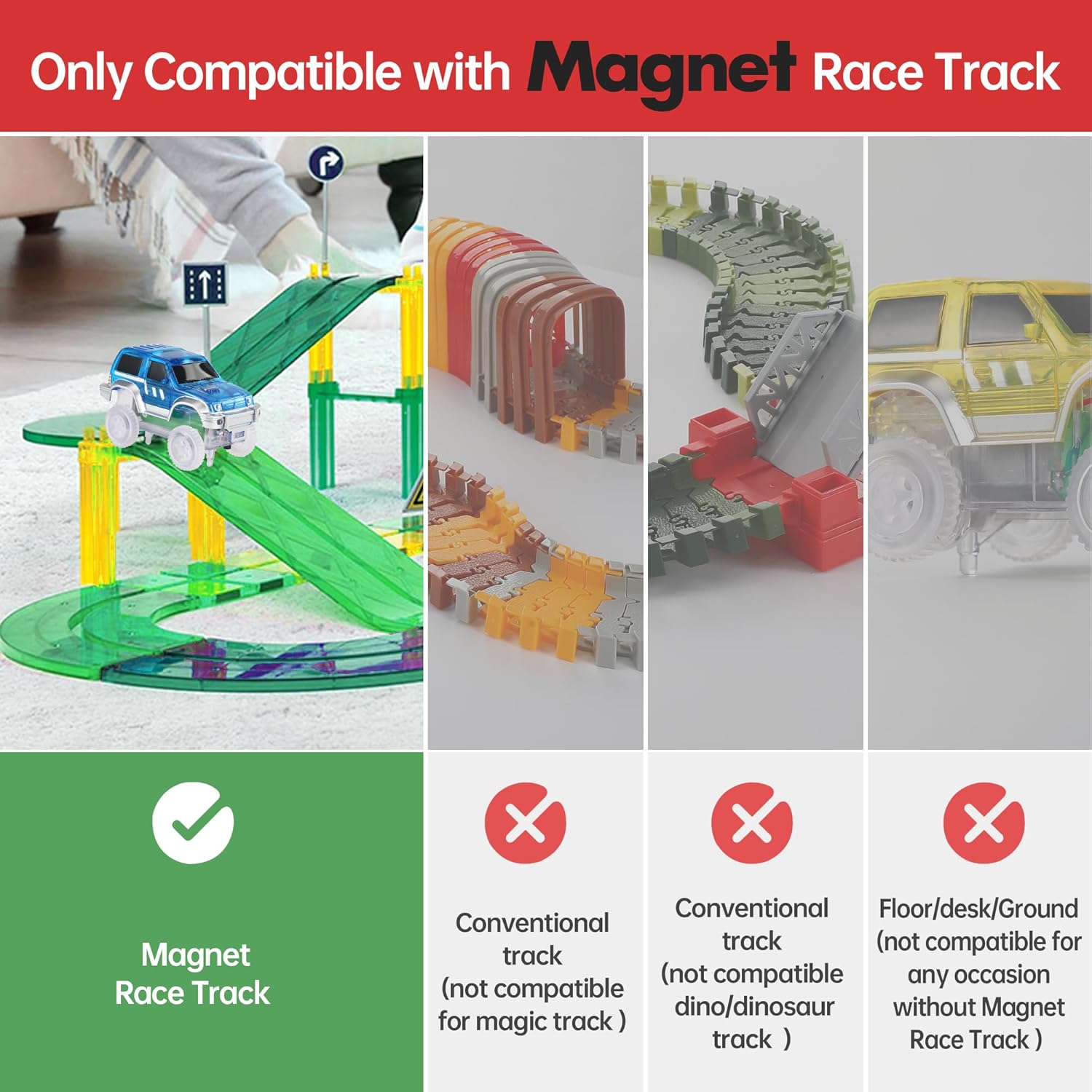 Magnetic Track Cars Replacement Only, Flex Track Race cars Accessories Construction Building Kits for Magnet Tracks Glow in the Dark, Only Compatible with Magnetic Car Tracks for Kids Ages 3+ (4pack)
