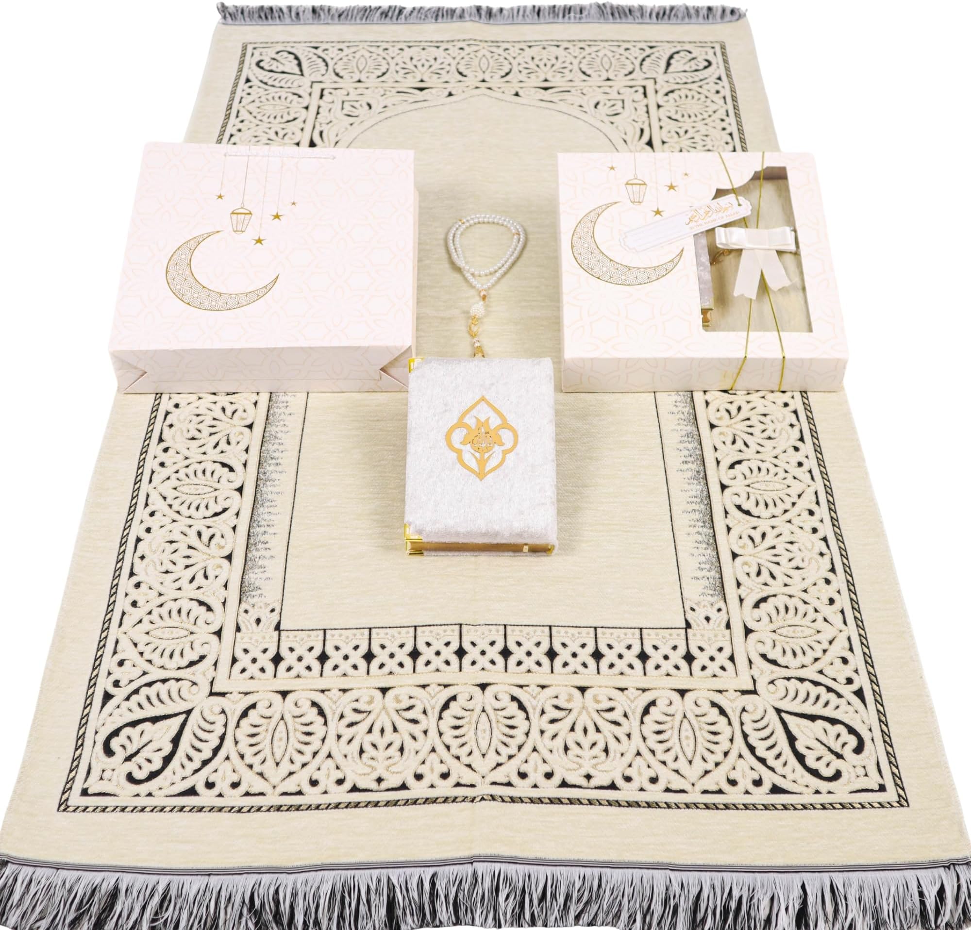 IEF Muslim Prayer Rug Islamic Prayer Mat Quran Prayer Beads Gift Set, Ramadan Eid Gifts, Birthday Gifts for Women, Mothers Day Gifts, Velvet Prayer Rug Arabic Quran Pearl Tasbeeh