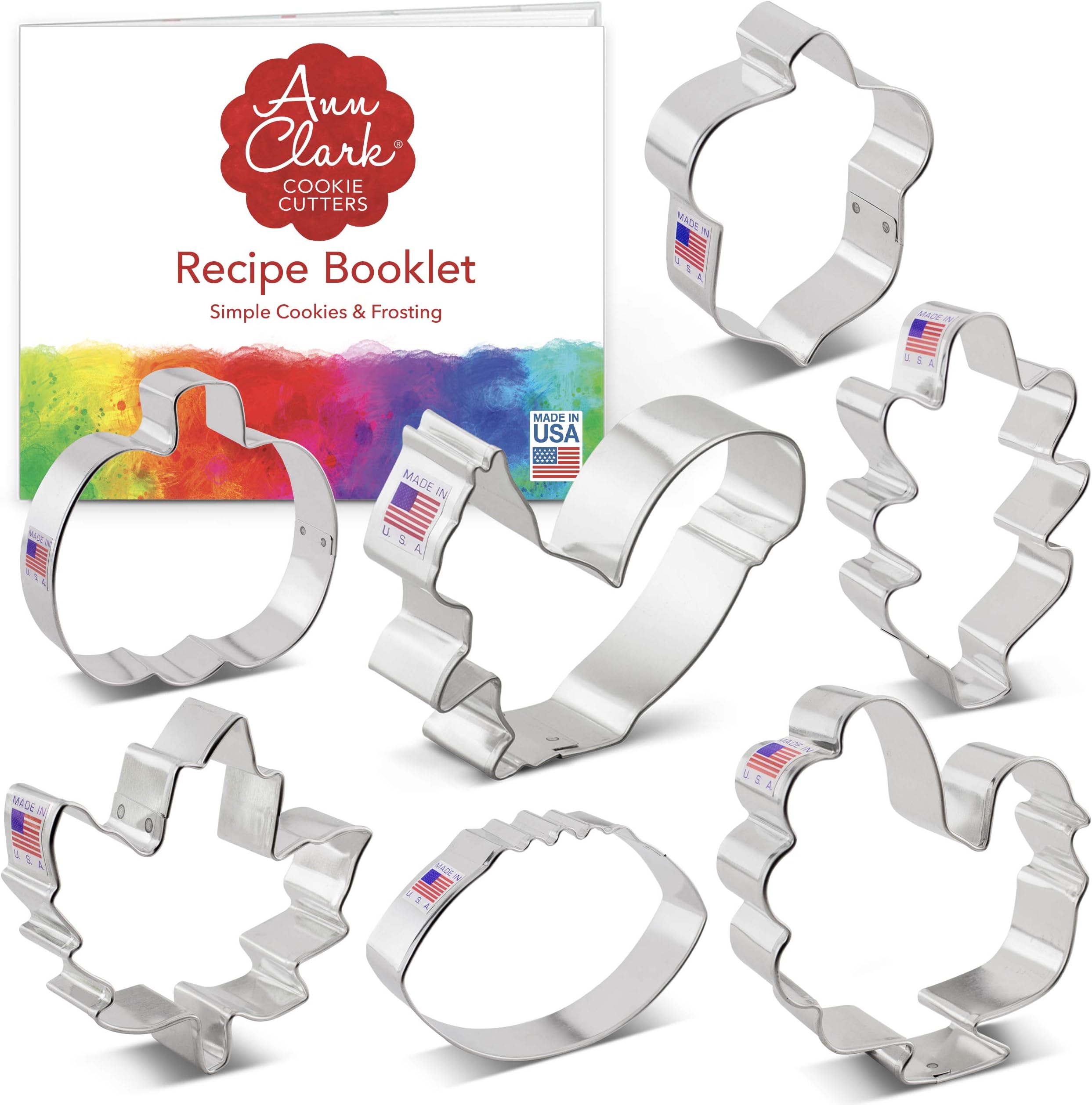 Fall Thanksgiving Cookie Cutter Set with Recipe Book - 7 Piece - Maple Leaf, Turkey, Oak Leaf, Pumpkin, Football, Acorn, Squirrel - Ann Clark - USA Made Steel