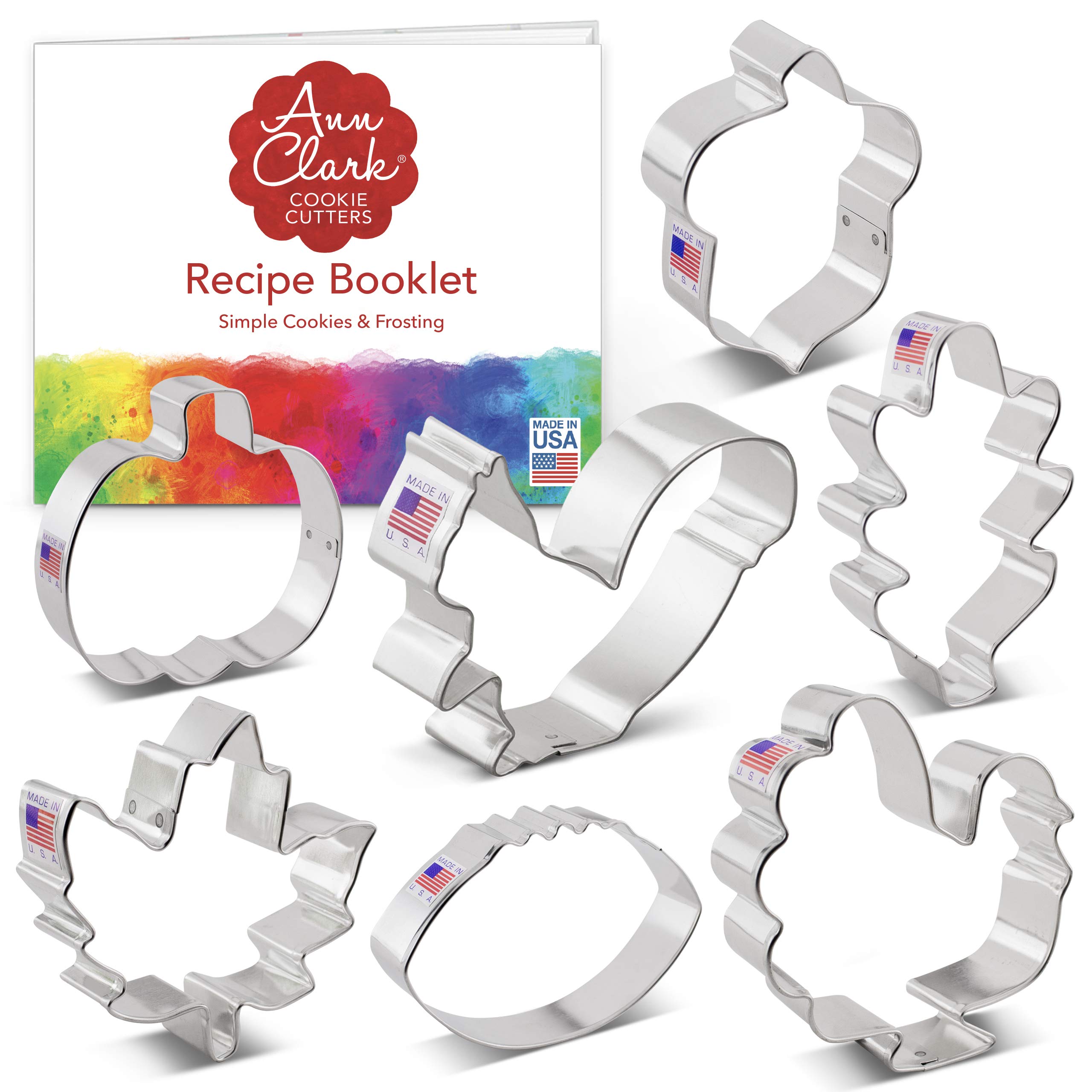 Fall Thanksgiving Cookie Cutter Set with Recipe Book - 7 Piece - Maple Leaf, Turkey, Oak Leaf, Pumpkin, Football, Acorn, Squirrel - Ann Clark - USA Made Steel