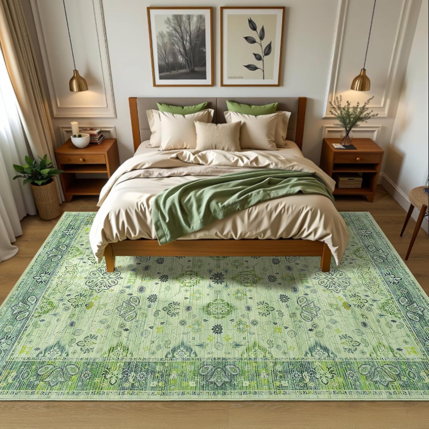 Przemy Area Rug for Living Room, 4x6Ft Washable Non-Slip Rugs for Girls's Bedroom, Floral Carpet for Entryway Office Kitchen Dining Room,Green