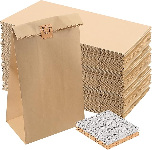 PINGEUI 100 PCS 24x13x8cm Brown Kraft Paper Bags, Greaseproof Paper Food Bags with Stickers, Kraft Snack Bags Brown Paper Sacks for Sandwich, Grocery, Candy Treat Bags, Gift Bags