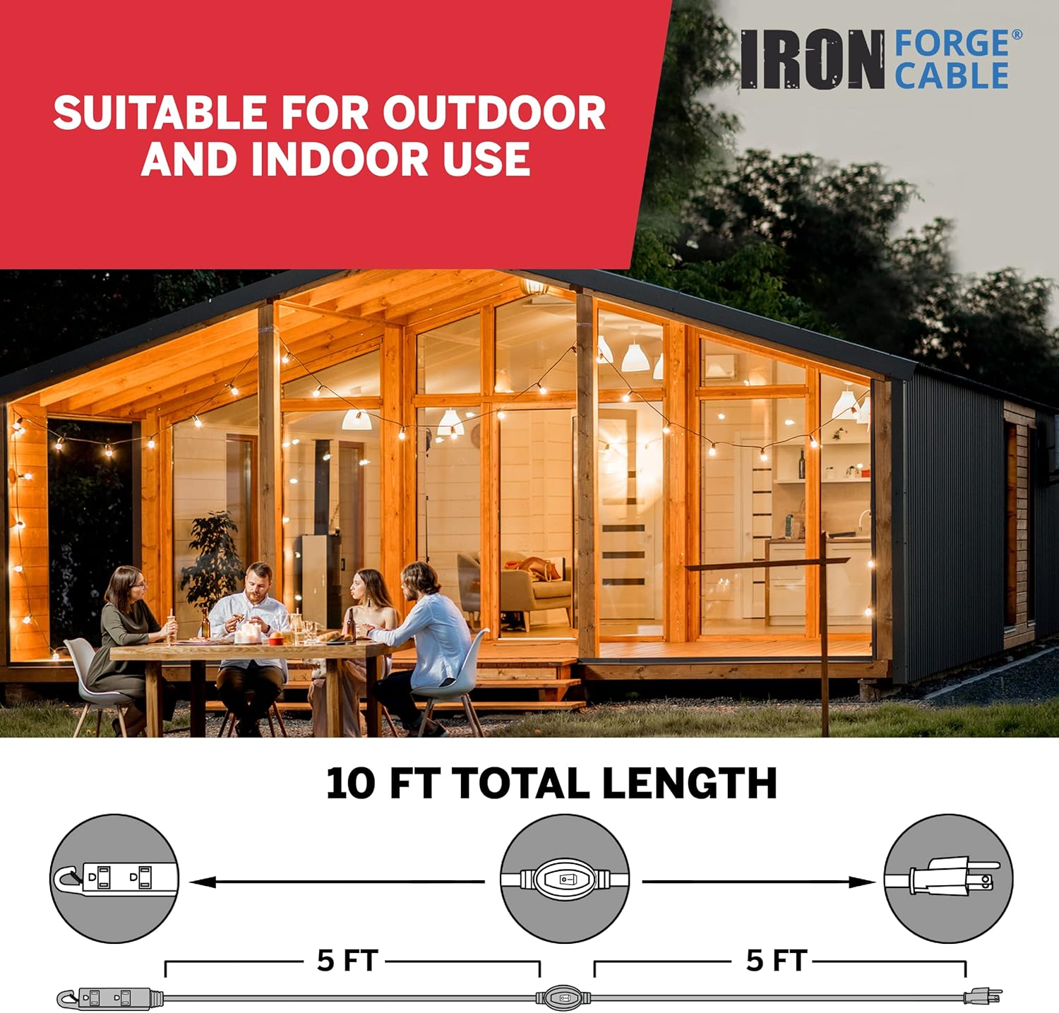 Iron Forge Cable 10 Ft 3 Outlets White Extension Cord with Inline Switch On/Off, 16/3 SJTW 3 Prong with Hook for Hanging -10 AMP Cord - ETL Listed