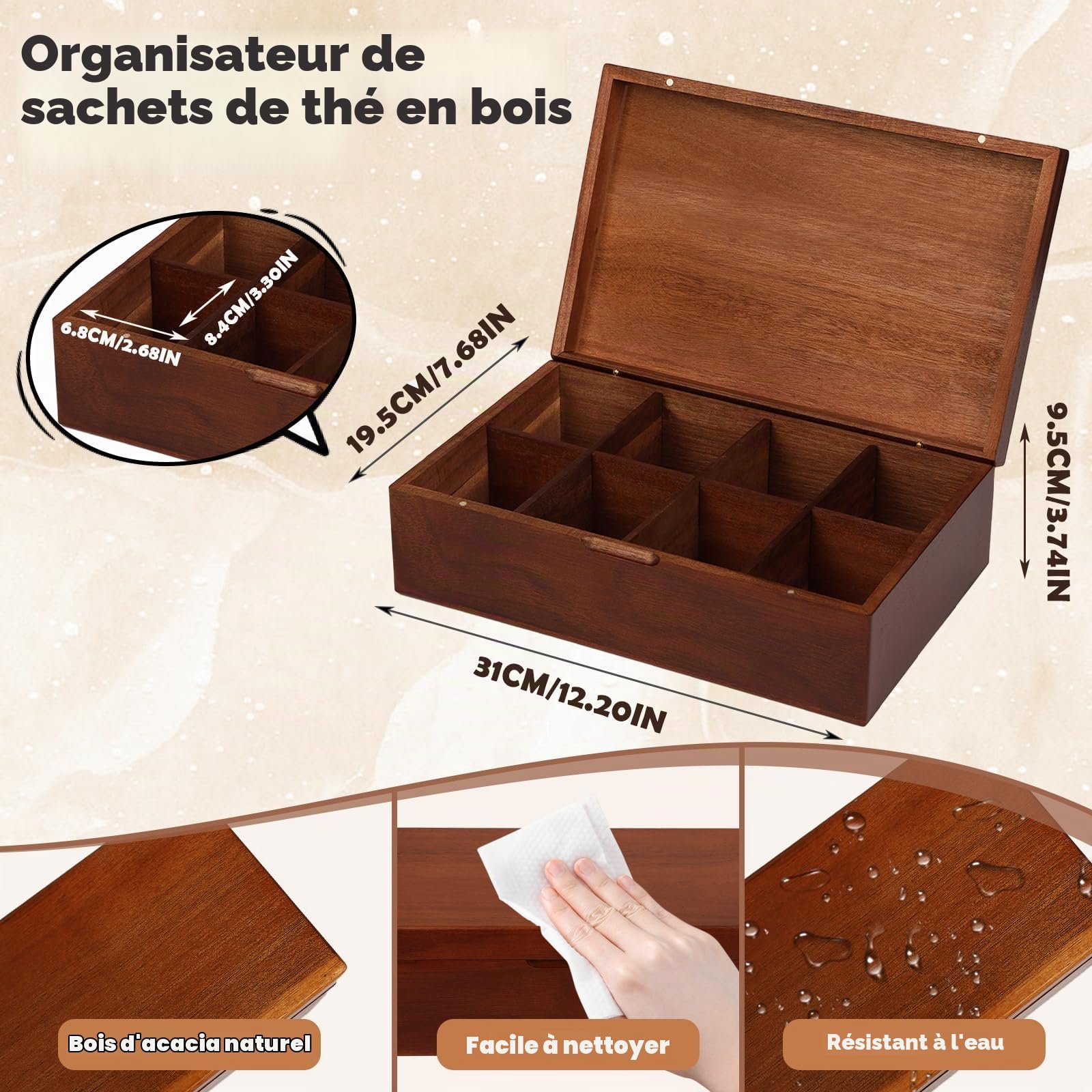 Boîte à Thé en Bois avec 8 Compartiments, Rangement pour Sachets de Thé