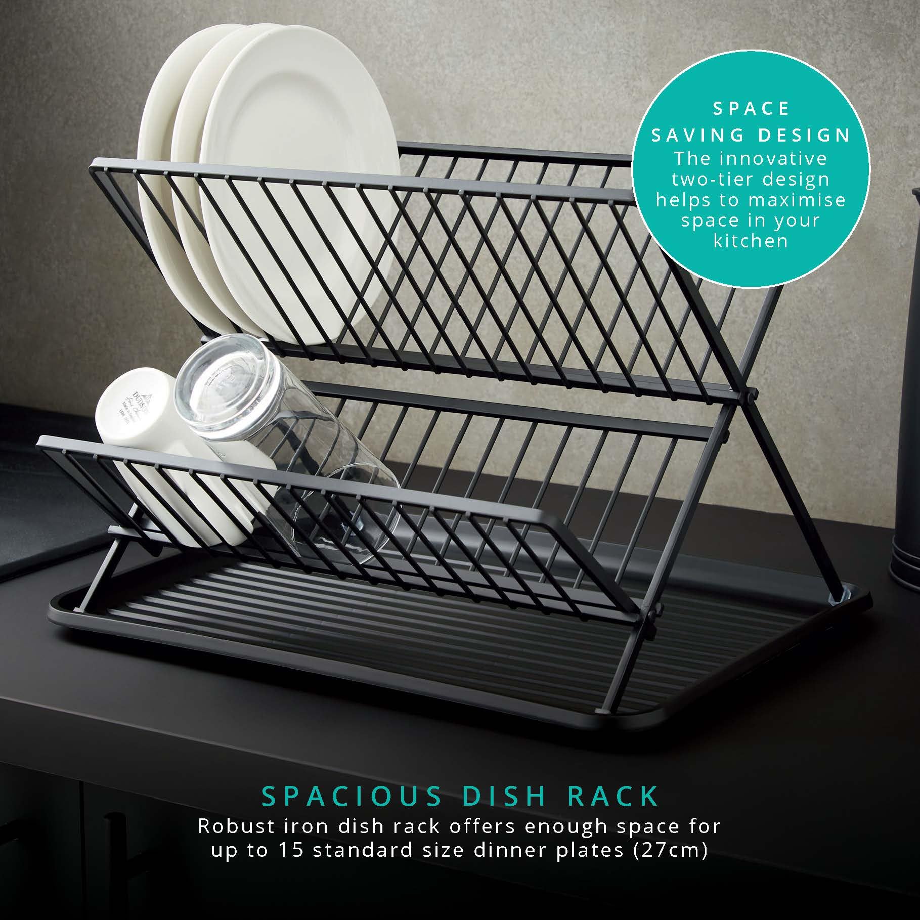Swan SKWA5071BLK Stealth - Escurridor Plegable para 15 Platos con Bandeja de Goteo extraíble, diseño de Dos Niveles Que Ahorra Espacio, Cuerpo de Hierro, Color Negro