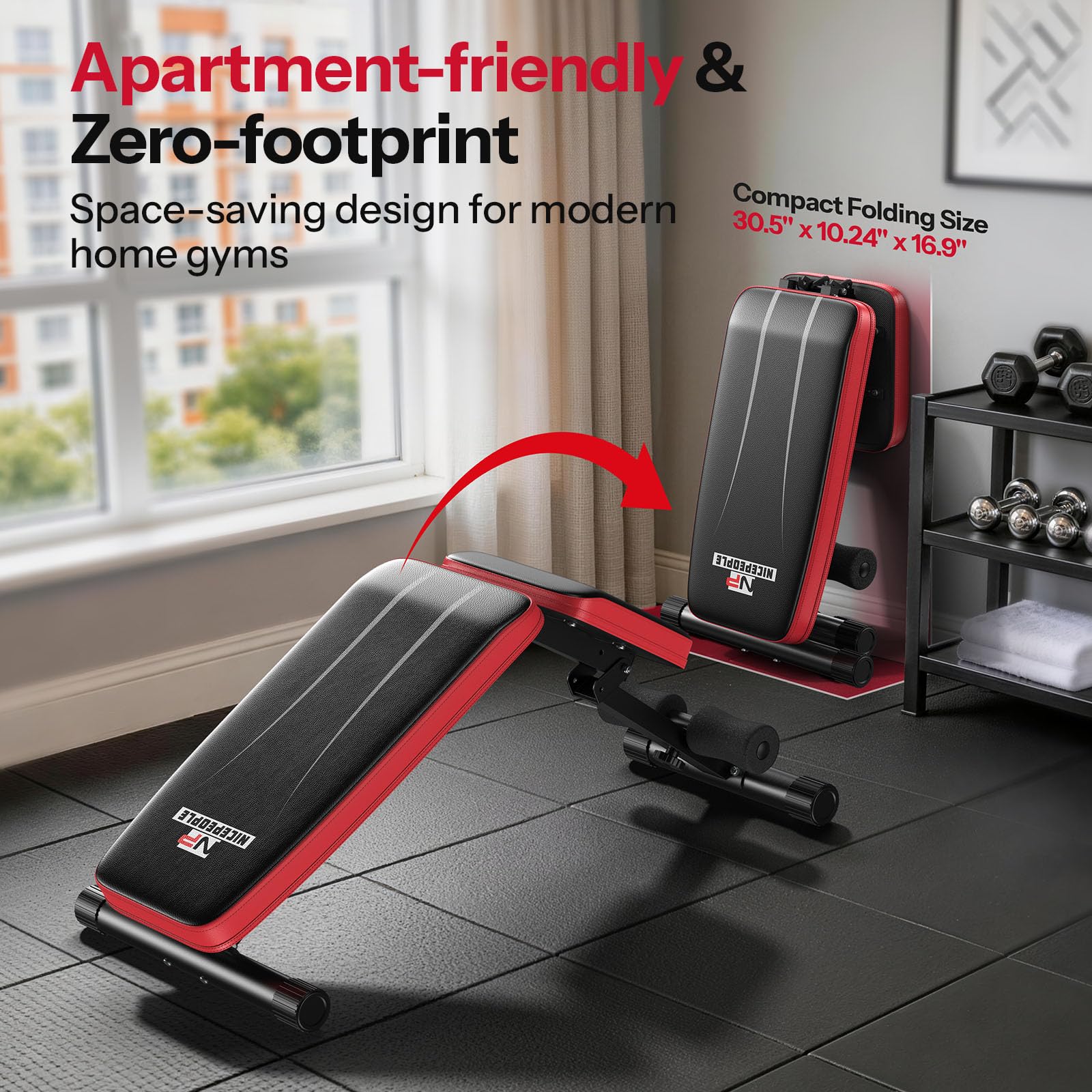 Nicepeople Adjustable Weight Bench up to 6'2", Dual-Support & ASTM-Tested Workout Bench & 10 Backrests for Chest Shoulders Arms for Home Gym, 660LBS Capacity but Compact and Foldable Strength Bench Apartment Room