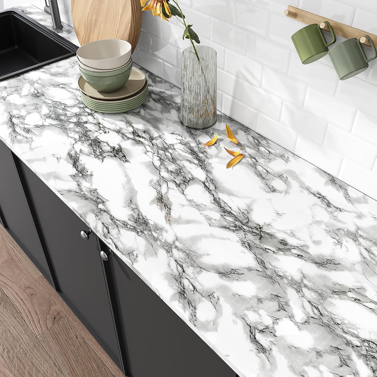 VEELIKE Modern Black and White Marble Contact Paper for Countertops Waterproof Peel and Stick Countertops 24''x118'' Self Adhesive Vinyl Countertop Contact Paper Marble Wallpaper for Kitchen Bathroom