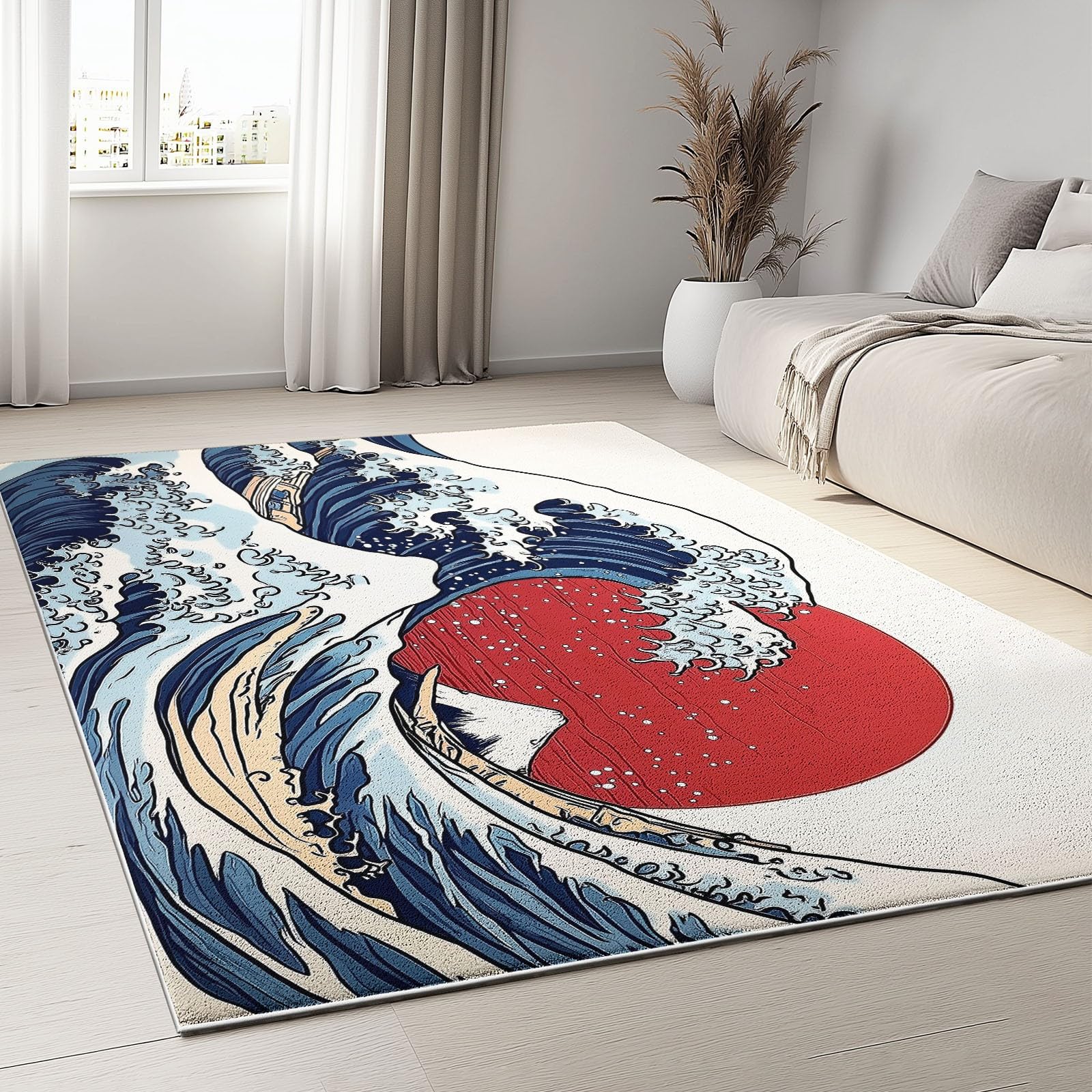 Stile Giapponese Cartone Animato Tappeto Lavabile Antiscivolo Morbido a Pelo Corto in Blu Rosso con Onde Stampate - Decorazione 80 x 150 cm per Soggiorno, Camera da Letto e Sala da Pranzo