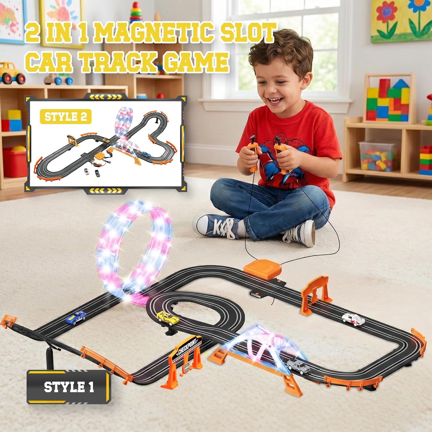 18.04ft 2-in-1 Slot Car Track Sets Toy - with 4 Cars, Battery or Electric Car Track Set with Dual Racing Game, Flash Circular Track, Lap Counter,Birthday Xmas Gifts Toys for Boys(S2-Jet-Black) image 2
