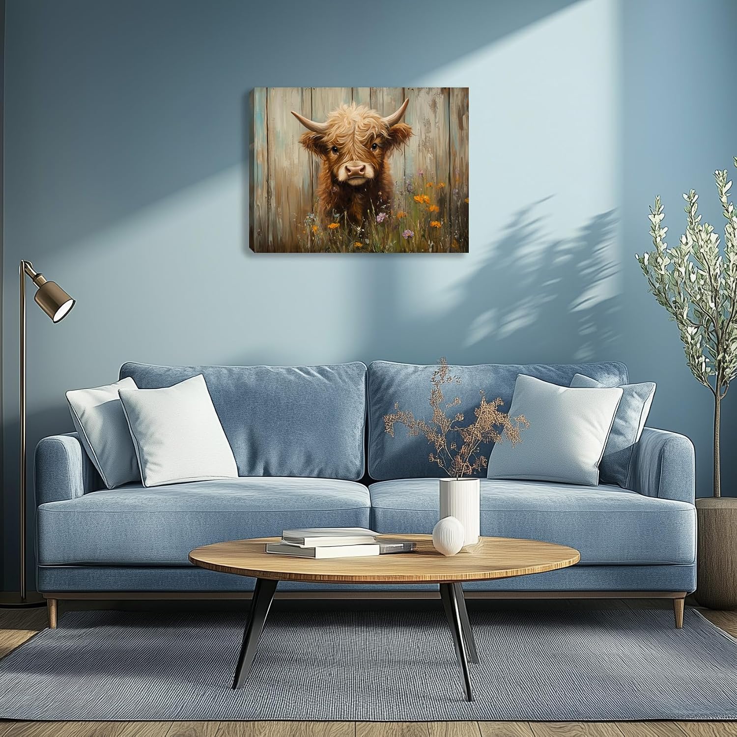 Funny Highland Cow Wall Art Cute Cow Animal Canvas Posters Prints Rustic Wildflowers Highland Cattle Pictures Wall Decor Painting for Farmhouse Bathroom Restroom Living Room Framed 16L x 12W image 2