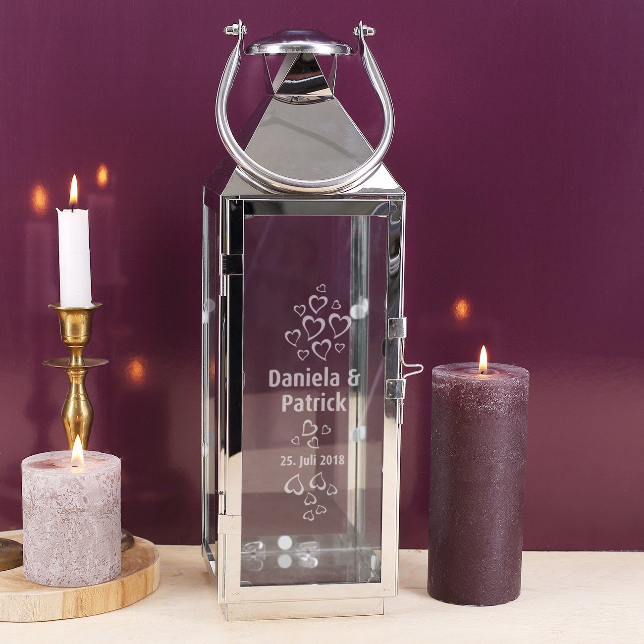 Herz & Heim® personalisierte Hochzeitsgeschenke Laterne mit Gravur Geschenk zur Hochzeit - Herzen - mit Namen und Datum 40 cm ideal als Erinnerung an den Hochzeitstag