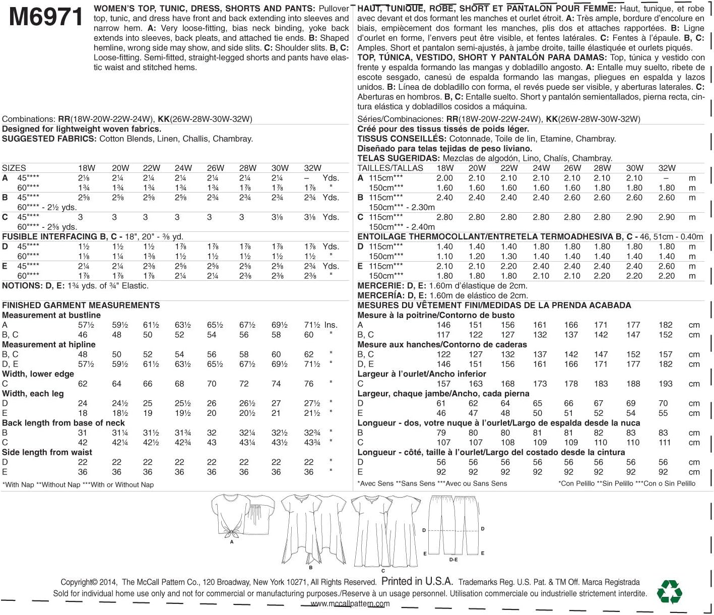 McCall Pattern Company M6971 Women's Top, Tunic, Dress, Shorts and Pants, Size KK "26W-28W-30W-32W"