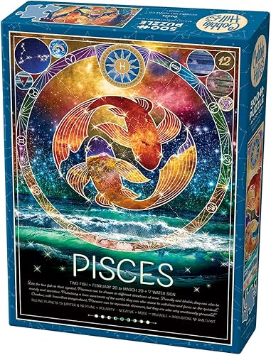 Cobble Hill - Rompecabezas del zodiaco de 500 piezas, Piscis, póster de muestra incluido