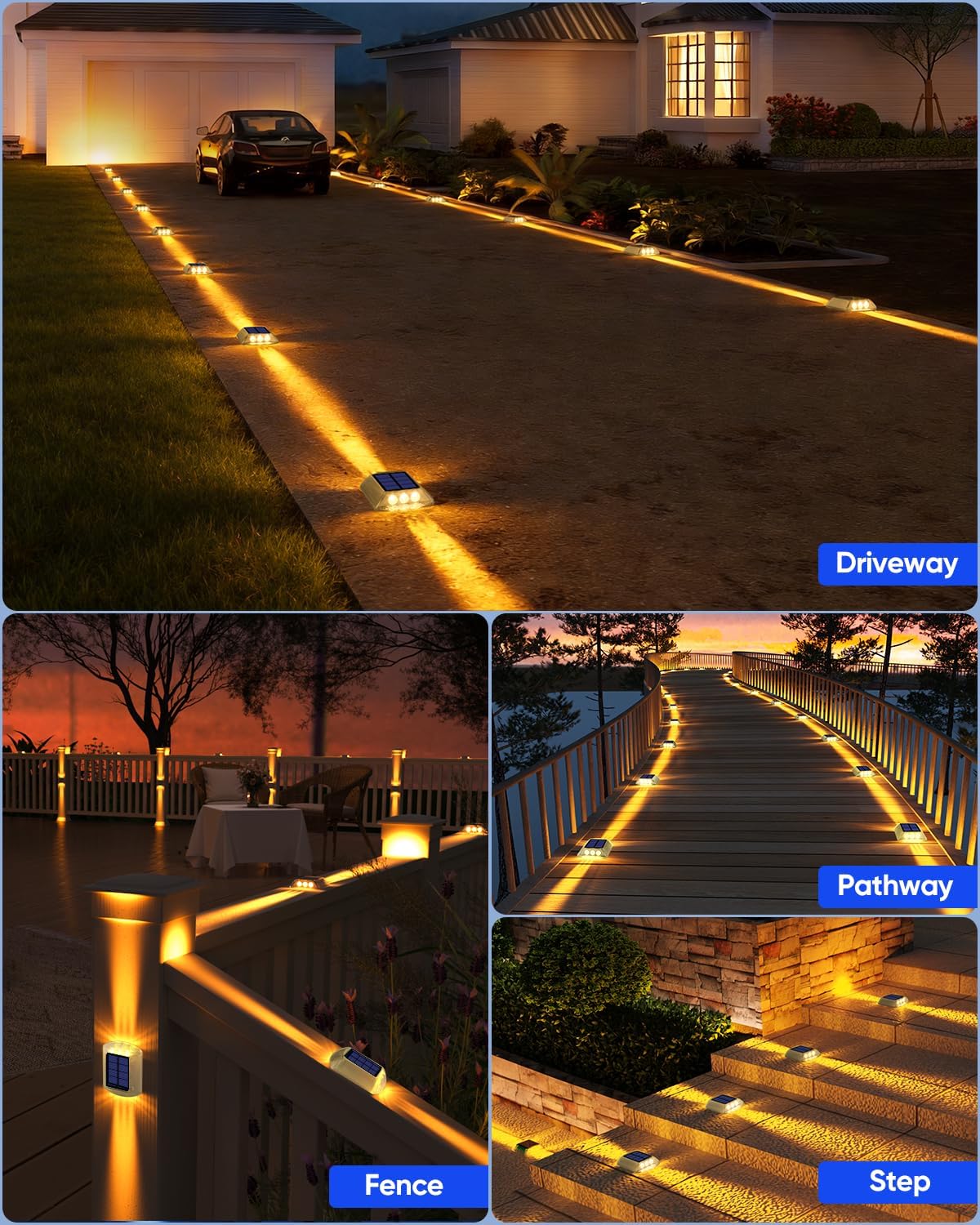 DetarZinLED Solar Deck Lights Outdoor, 12 Pack Warm White Driveway Lights Solar Powered, IP68 Waterproof Stick on & Screw Dock Light for Pathway, Walkway, Sidewalk, Patio, Pool Deck, Garden, Step