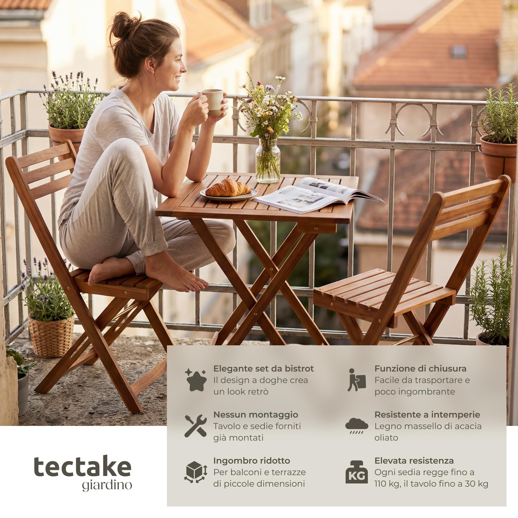 tectake® Set Tavolo e Sedie da Giardino, Set Pieghevole con 1 Tavolo da Esterno 60x60x74,5 cm e 2 Sedie da Esterno, Legno di Acacia, Design a Doghe, Struttura a X, Ideale Balcone, Terrazzo e Giardino