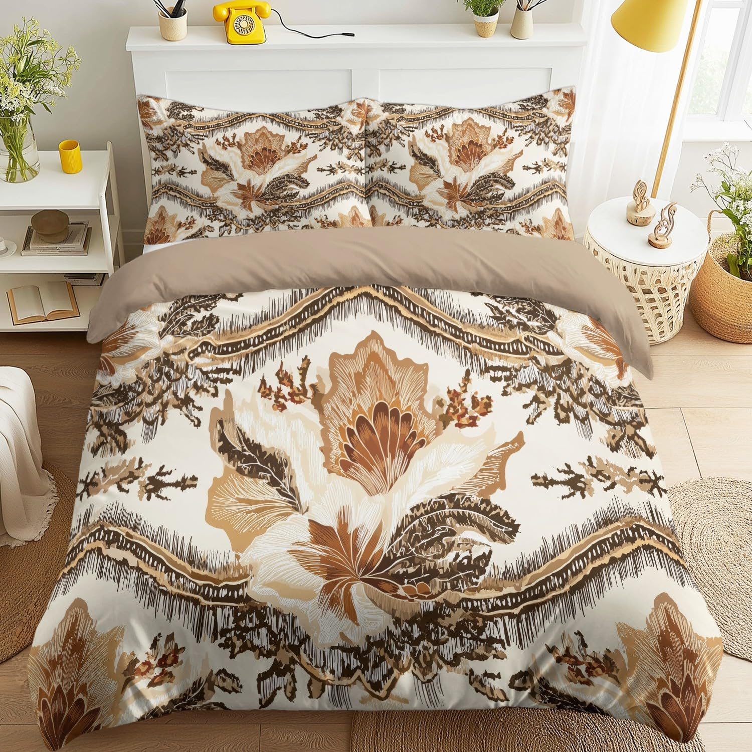 Housse de couette 220 x 200 style bohème ethnique marron ensemble de literie