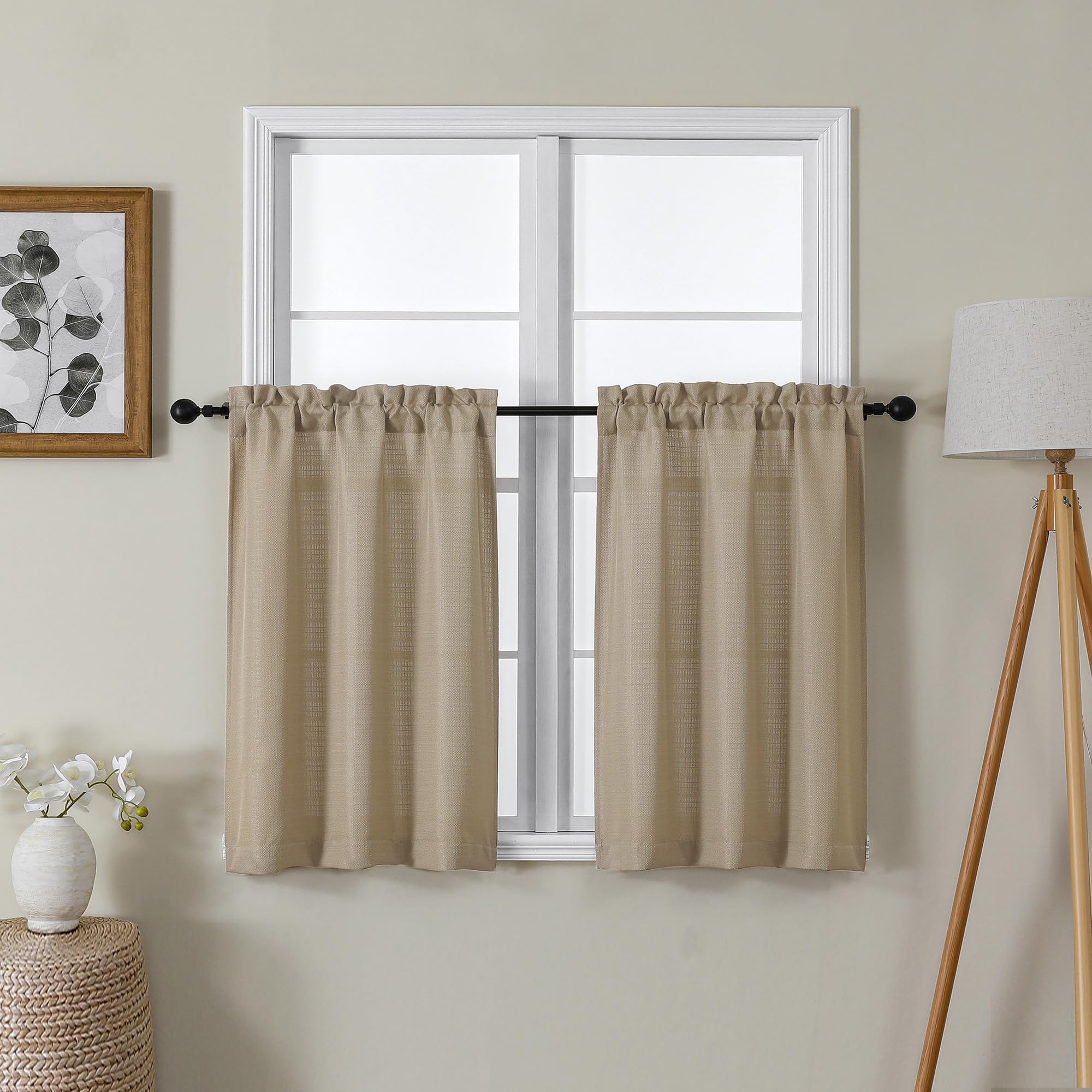 Lecloud Bessie Camel Kitchen Curtains 30 Inch Length 2 Pcs, Faux Linen Textured Light Filtering Short Curtains, Soft Window Treatments with Dual Rod Pocket, Each 30 W x 30 L