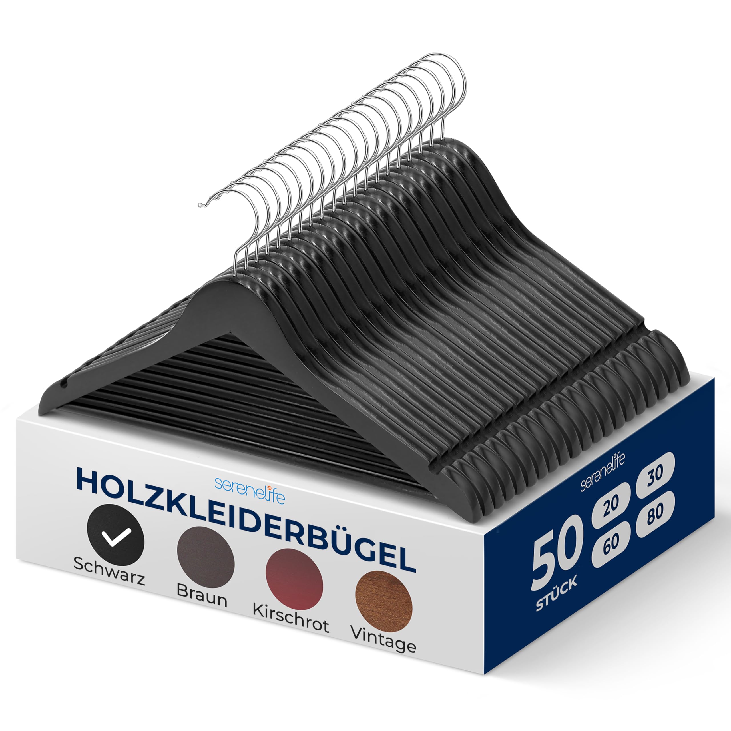 SereneLife Kleiderbügel Holz Schwarz für die Garderobe, Holzbügel 360° drehbarer Haken, Einkerbungen im Schulterbereich, Rutschfest & Robust, Aufhänger für Kleideraufbewahrung & Organisation, 50 Stück