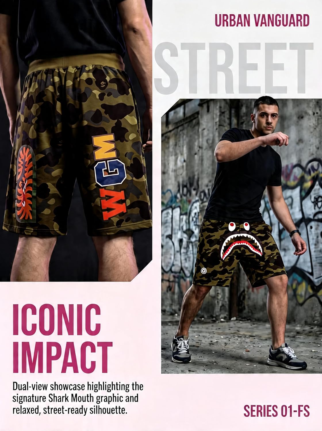 Unisex 100% Cotton Shark Shorts Camo Elastic Waist Ape Pants Drawstring 7" in Teens and Adults
