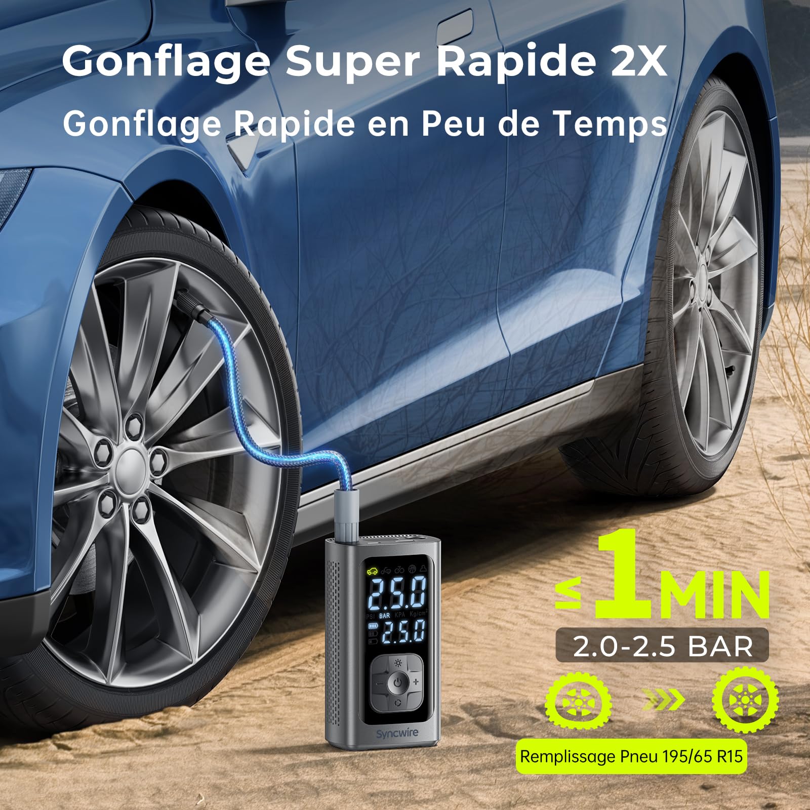 Syncwire Compresseur à Air Portatif - 10.35Bar Rapide Pompe à Air à Gonflage Pompe Gonfleur Pneus Voiture Car Inflator pour Voiture, Vélos, Motos, Balles, avec Bouchons de Valve de Pneu, Grand LCD
