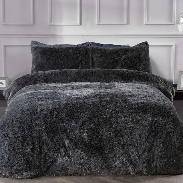 Sleepdown Fleece Luxury Long Pile Faux Fur Charcoal Grey Super Soft Easy Care Duvet Cover Quilt Bedding Set with Pillowcases - Super King (220cm x 260cm)