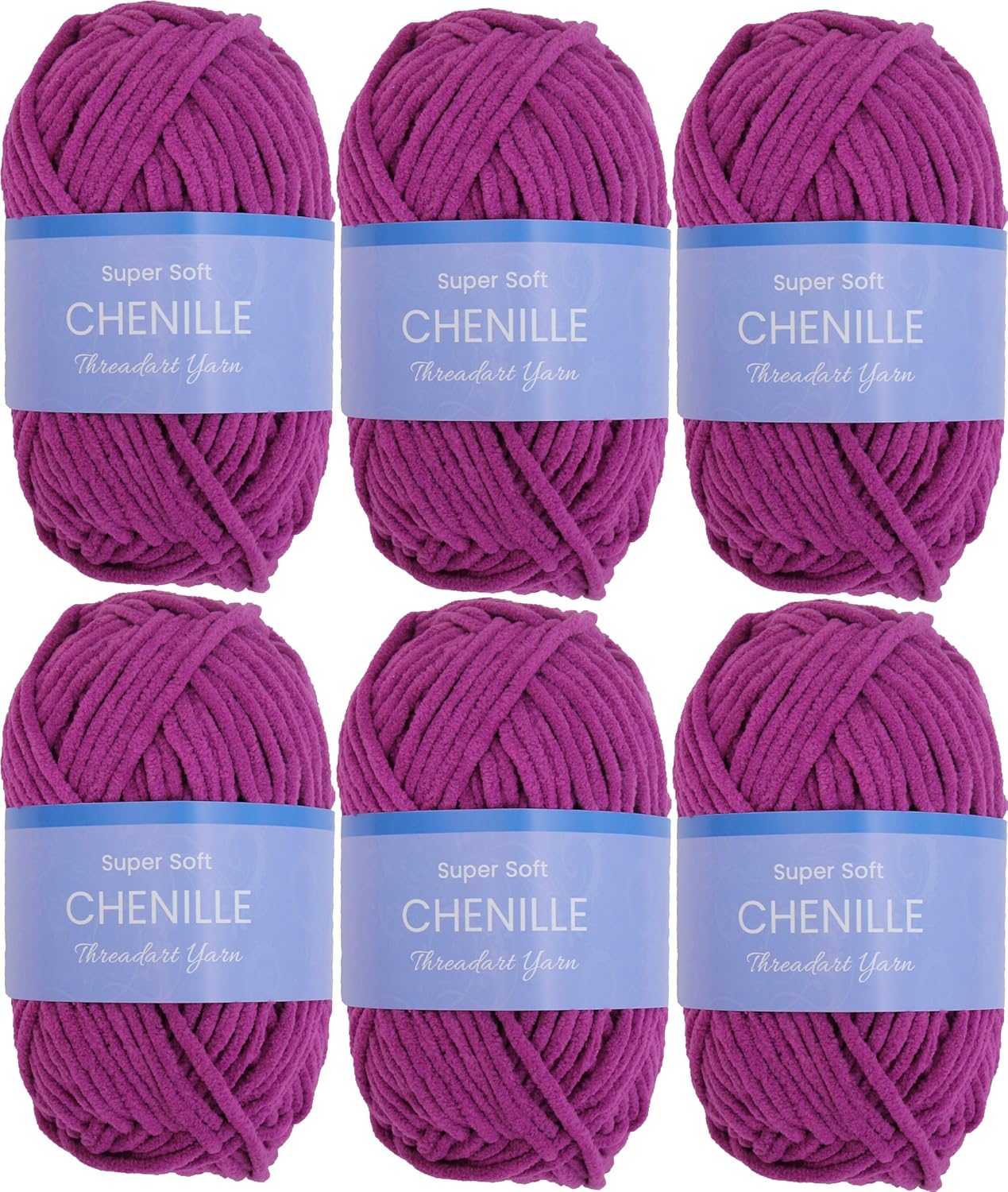 6 Pack ThreadArt Chenille Yarn for Crocheting, Knitting, Amigurumi, Super Soft Plush Velvet Yarn - 50 Gram 60 yds #5 Fluffy Yarn Skeins - Magenta 20