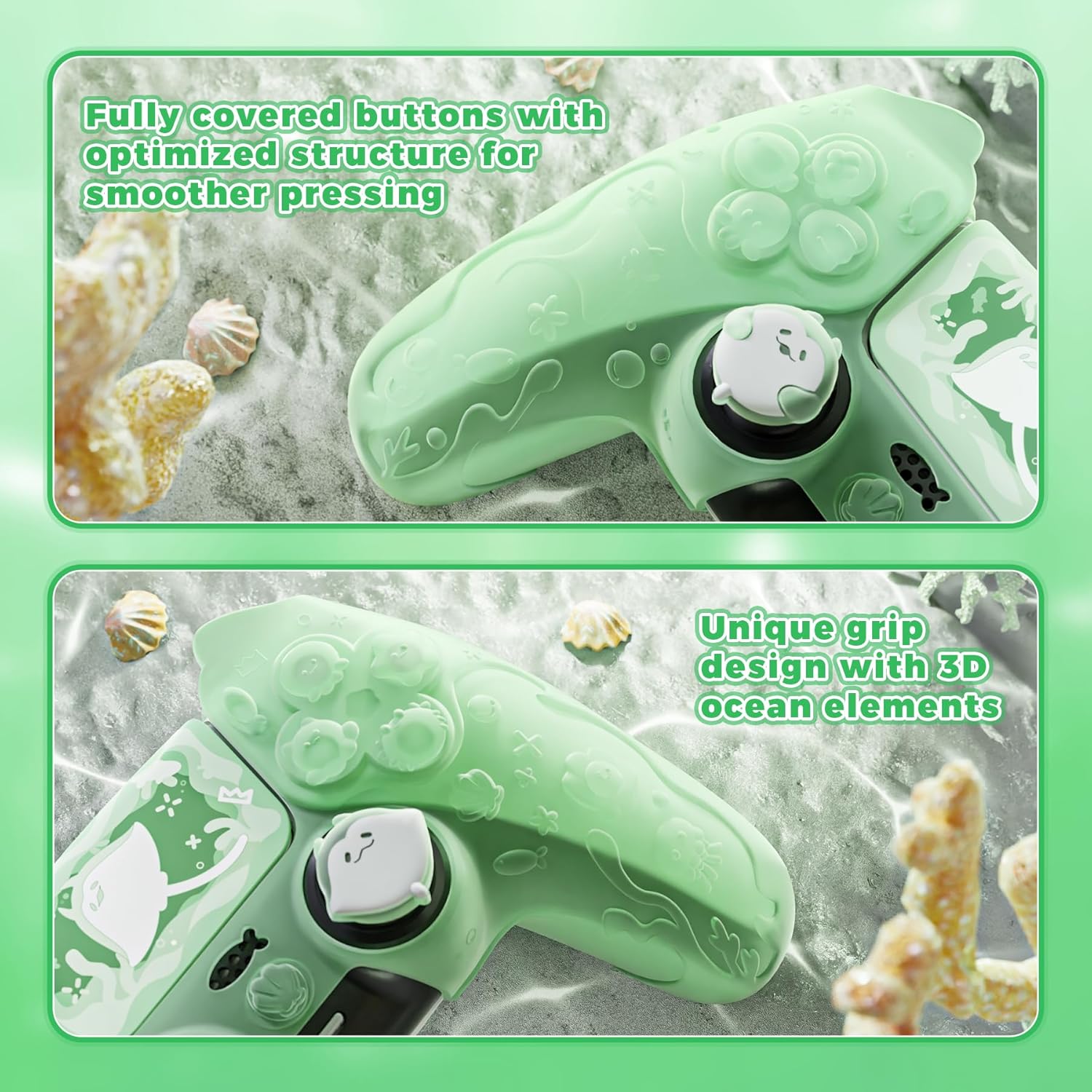 PlayVital for PS5 Controller Cover Skin - Cute Ocean Whisper Series Semi-Clear Silicone Case for PS5 Controller with Thumb Grip & Sticker, Charging Station Compatible, Full Protection - Pastel Green - Image 6
