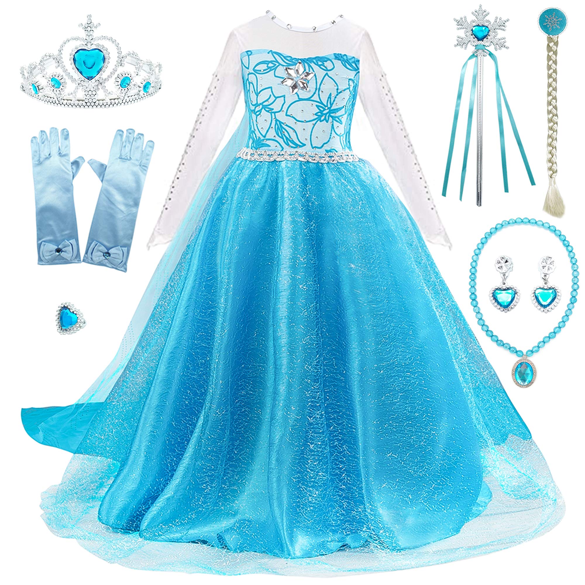 FUNPARTY Princess Dress Up for Little Girls with Wig,Crown,Mace,Gloves Accessories Age of 3-12 Years (Blue, 5-6Years)